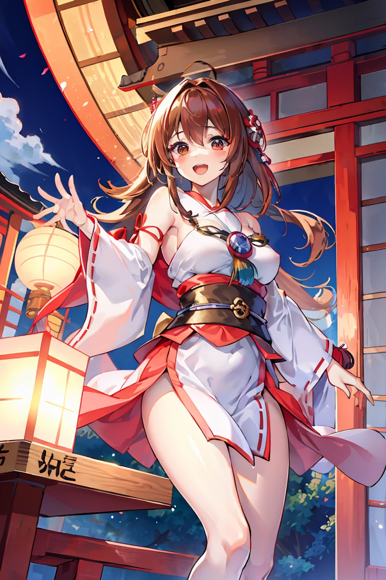 on the table, best quality, high resolution,chica herself,Rubio,long hair,huge ,whole body,miko dress,shrine maiden,Japanese dress,excited,An ecstatic look on his face,Reddish-brown,Attractions