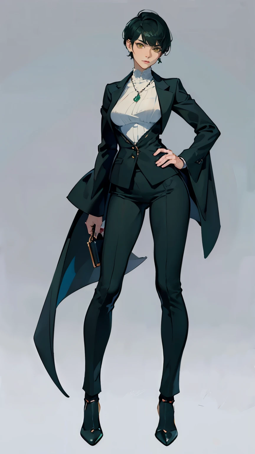 ((masterpiece,best quality,8k,highres)),((character concept art)), 1 female, young adult female, Cult Priest, 170 cm height, extreme short pixie cut hairstyle ((tomboy hairstyle)), (dark green hair colour), ultra finely detailed eyes (yellow eyes colour), extraordinary gorgeous, charming, smirk smile, small breasts, hourglass body shape ((muscular)), ((intricate detail)), super finely detailed hands, ultra finely detailed fingers(((ten fingers))), Corporate CEO full office suit (black outfit colour), long pants, black high heels, earrings, necklace, (standing still), (full body showcase), (show full body), (no logos on background), (no logo), ((plain background)), ((plain background)), (((empty background)))