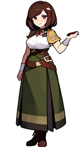 solo female, (((blurry background, white background))), character focus, librarian, fantasy clothes, standing, character design,