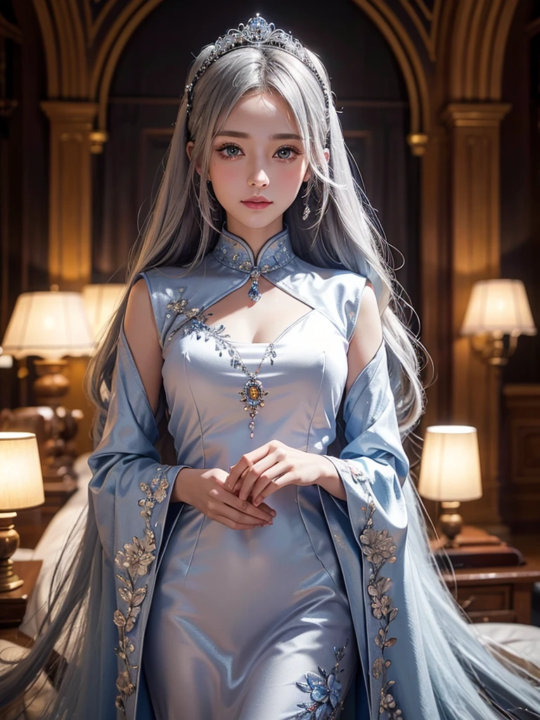 intricate detail, masterpiece, best quality, extremly detailed,cinematic lighting, beautiful detailed glow, finely detailed beautiful face and eyes, smile , long smooth shiny silky silver hair, Realistic lighting, pretty face , Body perfect anatomy,Top Quality, 8K Resolution , full body , High quality, realistic , Cinematic, Aesthetic, beautiful girl , cheongsam dress , symmetrical face , flower background, wearing a bejewelled tiara