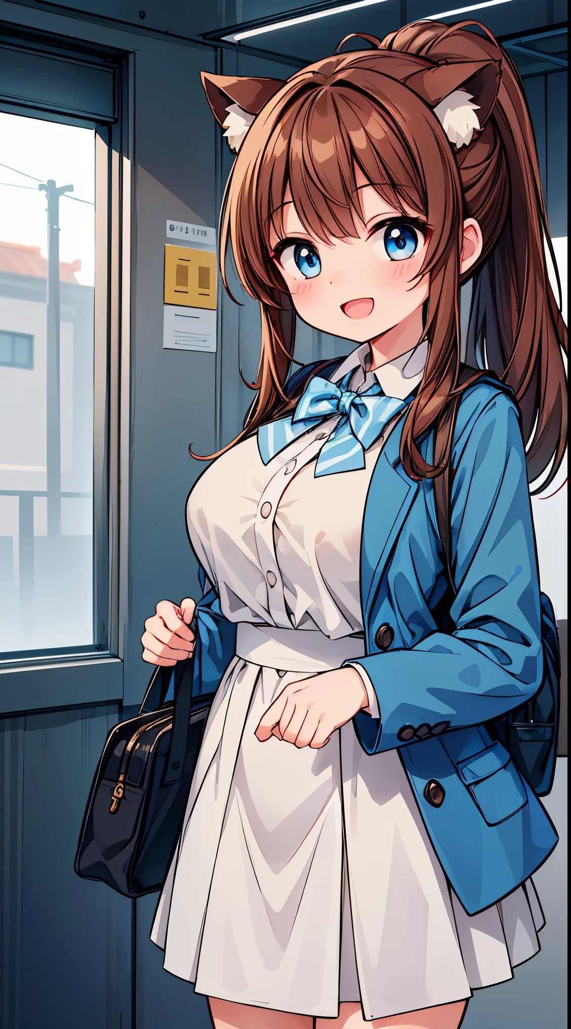 ultra-detailed, high resolution,(incredibly absurdness) ,extremely detailed CG unity 8k wallpaper, ((masterpiece)), ((top-quality)),
BREAK, 1 beautiful girl, (17 years old girl),Solo,(Cute:1.5),(Chibi:0.6),(kawaii:1.5),(Lori:0.5),BREAK,1 beautiful girl, (17 years old girl), Very detailed, colourfull, highest details, BREAK, (Huge breasts: 1. 2), Clear skin, Beautiful skin, Shy skin, 1 beautiful girl, (Brown hair:1.75), (Cat ears, Ponytail, medium-Long hair: 1. 2), (Light blue eyes, long eyelashes, Double eyelids: 1. 2),Solo,gleaming skin, Clear skin, Beautiful skin,(best quality face),(Top quality glowing eyes),(The best smile,:D:1.45), nose blush, sleepy, grin, open mouth,
BREAK,
train,station,(a girl), platform, snow, (coat:1.1),Yamanote line, (school uniform:1.2),
BREAK,wakame,wakame,wakame,(Cowboy Shot:1.4),
BREAK,(Blurry background:1.3),(absurderes, hight resolution, Super Detail Art),cel shading,Clear Color, Lonely optical effect, Beautiful pictures, Bright glow, mystic atmosphere,(Close-up of girl:1.1), Mystical light particle effect,manga influence, clean line drawings,