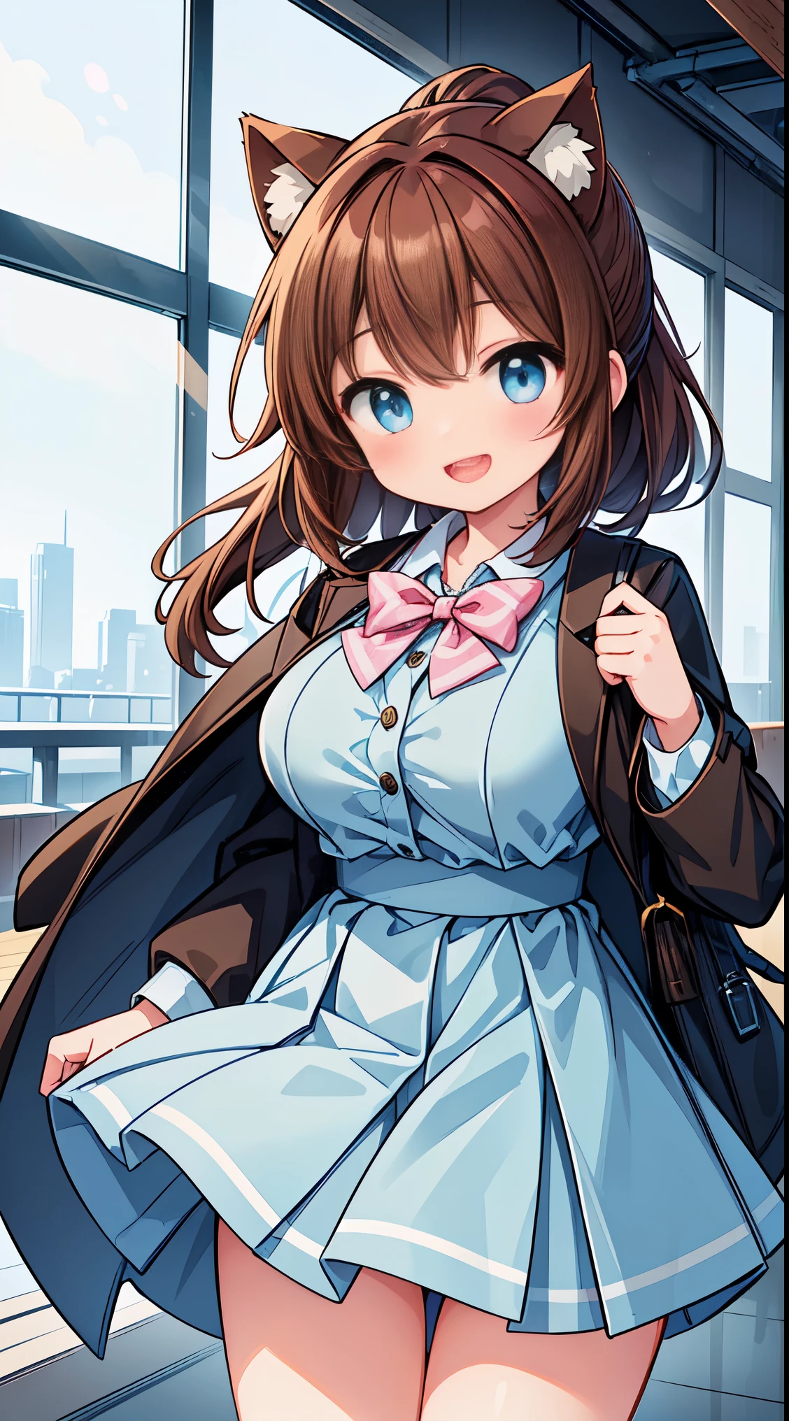 ultra-detailed, high resolution,(incredibly absurdness) ,extremely detailed CG unity 8k wallpaper, ((masterpiece)), ((top-quality)), 
BREAK, 1 beautiful girl, (17 years old girl),Solo,(Cute:1.5),(Chibi:0.6),(kawaii:1.5),(Lori:0.5),BREAK,1 beautiful girl, (17 years old girl), Very detailed, colourfull, highest details, BREAK, (Huge breasts: 1. 2), Clear skin, Beautiful skin, Shy skin, 1 beautiful girl, (Brown hair:1.75), (Cat ears, Ponytail, medium-Long hair: 1. 2), (Light blue eyes, long eyelashes, Double eyelids: 1. 2),Solo,gleaming skin, Clear skin, Beautiful skin,(best quality face),(Top quality glowing eyes),(The best smile,:D:1.45),   nose blush, sleepy, grin, open mouth,
BREAK,
train,station,(a girl), platform, snow, (coat:1.1),Yamanote line, (school uniform:1.2), 
 BREAK,wakame,wakame,wakame,(Cowboy Shot:1.4),

BREAK,(Blurry background:1.3),(absurderes, hight resolution, Super Detail Art),cel shading,Clear Color, Lonely optical effect, Beautiful pictures, Bright glow, mystic atmosphere,(Close-up of girl:1.1), Mystical light particle effect,manga influence, clean line drawings,