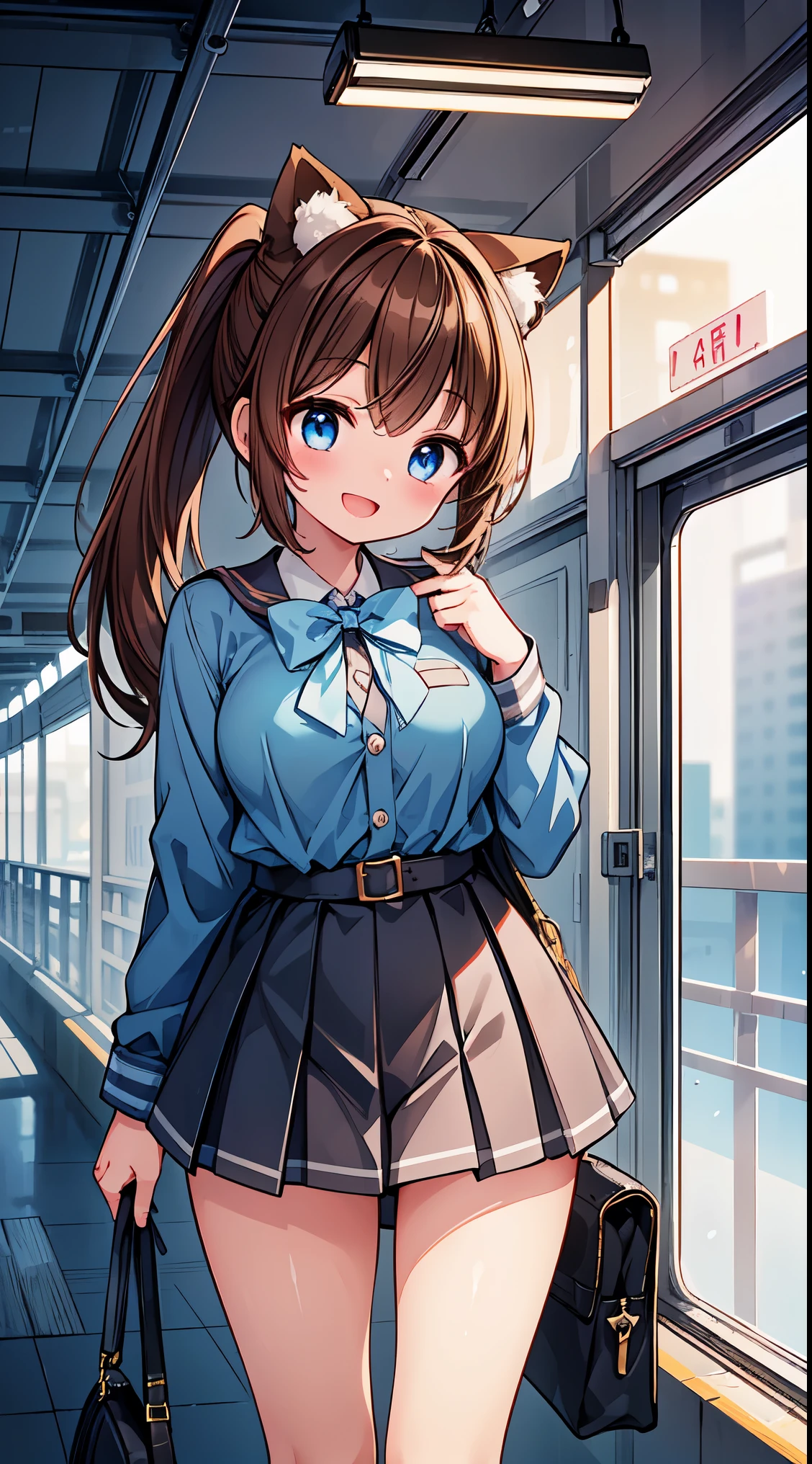 ultra-detailed, high resolution,(incredibly absurdness) ,extremely detailed CG unity 8k wallpaper, ((masterpiece)), ((top-quality)),
BREAK, 1 beautiful girl, ( girl),Solo,(Cute:1.5),(Chibi:0.6),(kawaii:1.5),(Lori:0.5),BREAK,1 beautiful girl, (17 years old detailed, colourfull, highest details, BREAK, (Huge breasts: 1. 2), Clear skin, Beautiful skin, Shy skin, 1 beautiful girl, (Brown hair:1.75), (Cat ears, Ponytail, medium-Long hair: 1. 2), (Light blue eyes, long eyelashes, Double eyelids: 1. 2),Solo,gleaming skin, Clear skin, Beautiful skin,(best quality face),(Top quality glowing eyes),(The best smile,:D:1.45), nose blush, sleepy, grin, open mouth,
BREAK,
train,station,(a girl), platform, snow, (coat:1.1),Yamanote line, (school uniform:1.2),
BREAK,wakame,wakame,wakame,(Cowboy Shot:1.4),
BREAK,(Blurry background:1.3),(absurderes, hight resolution, Super Detail Art),cel shading,Clear Color, Lonely optical effect, Beautiful pictures, Bright glow, mystic atmosphere,(Close-up of girl:1.1), Mystical light particle effect,manga influence, clean line drawings,