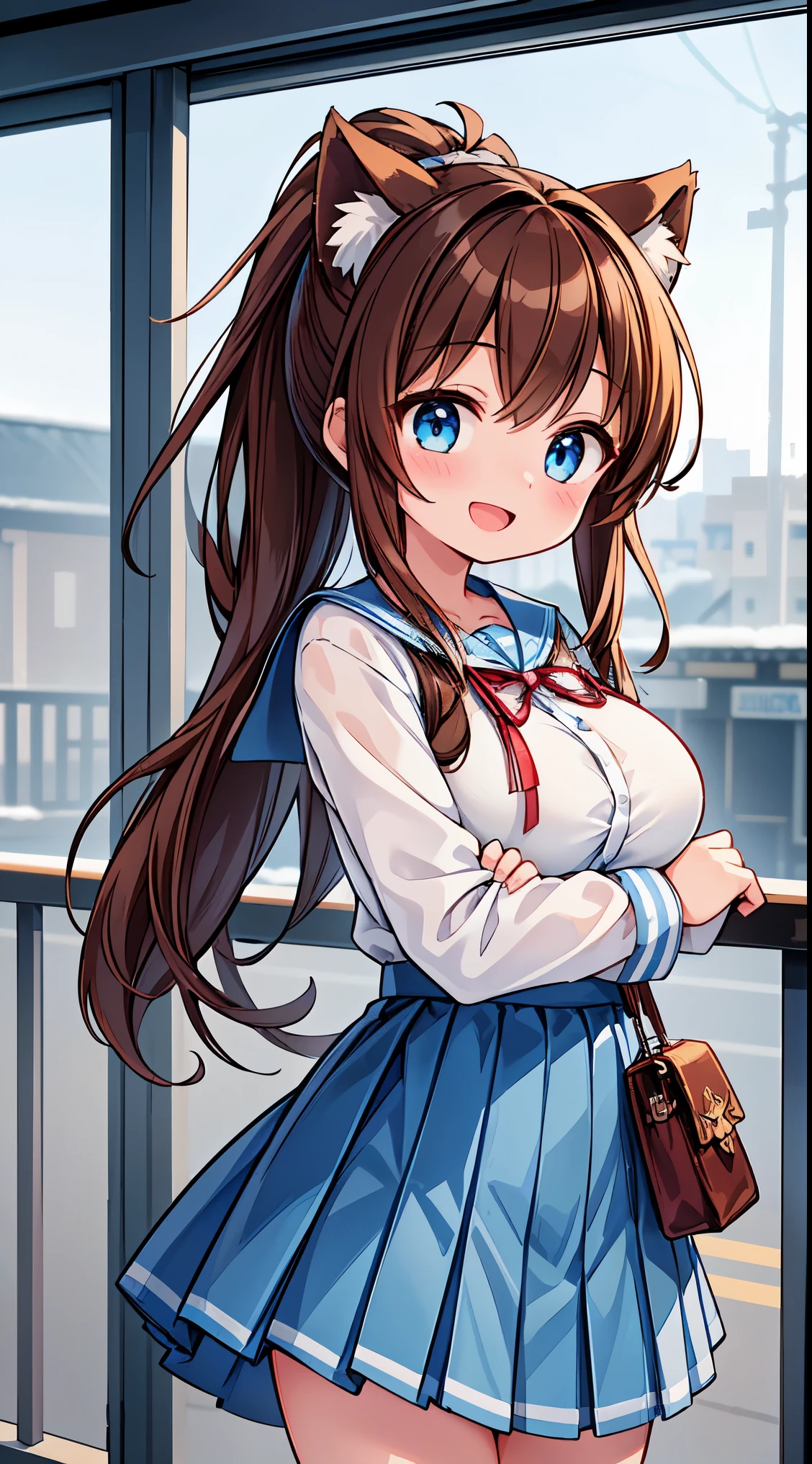 ultra-detailed, high resolution,(incredibly absurdness) ,extremely detailed CG unity 8k wallpaper, ((masterpiece)), ((top-quality)),
BREAK, 1 beautiful girl, (17 years old girl),Solo,(Cute:1.5),(Chibi:0.6),(kawaii:1.5),(Lori:0.5),BREAK,1 beautiful girl, (17 years old girl), Very detailed, colourfull, highest details, BREAK, (Huge breasts: 1. 2), Clear skin, Beautiful skin, Shy skin, 1 beautiful girl, (Brown hair:1.75), (Cat ears, Ponytail, medium-Long hair: 1. 2), (Light blue eyes, long eyelashes, Double eyelids: 1. 2),Solo,gleaming skin, Clear skin, Beautiful skin,(best quality face),(Top quality glowing eyes),(The best smile,:D:1.45), nose blush, sleepy, grin, open mouth,
BREAK,
train,station,(a girl), platform, snow, (coat:1.1),Yamanote line, (school uniform:1.2),
BREAK,wakame,wakame,wakame,(Cowboy Shot:1.4),
BREAK,(Blurry background:1.3),(absurderes, hight resolution, Super Detail Art),cel shading,Clear Color, Lonely optical effect, Beautiful pictures, Bright glow, mystic atmosphere,(Close-up of girl:1.1), Mystical light particle effect,manga influence, clean line drawings,