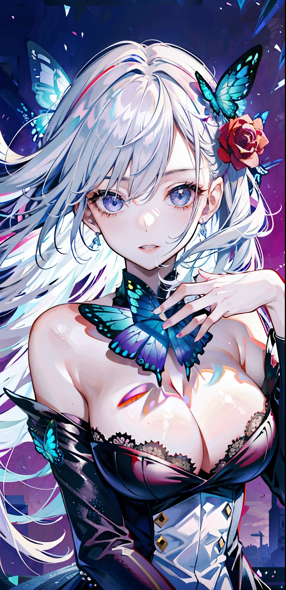 silver hair,Butterfly,long gray hair,8k wallpaper,Detailed background,Highest resolution,Deep V big breasts,hair covering one eye,church garden background,red rose background,Tight,moon,