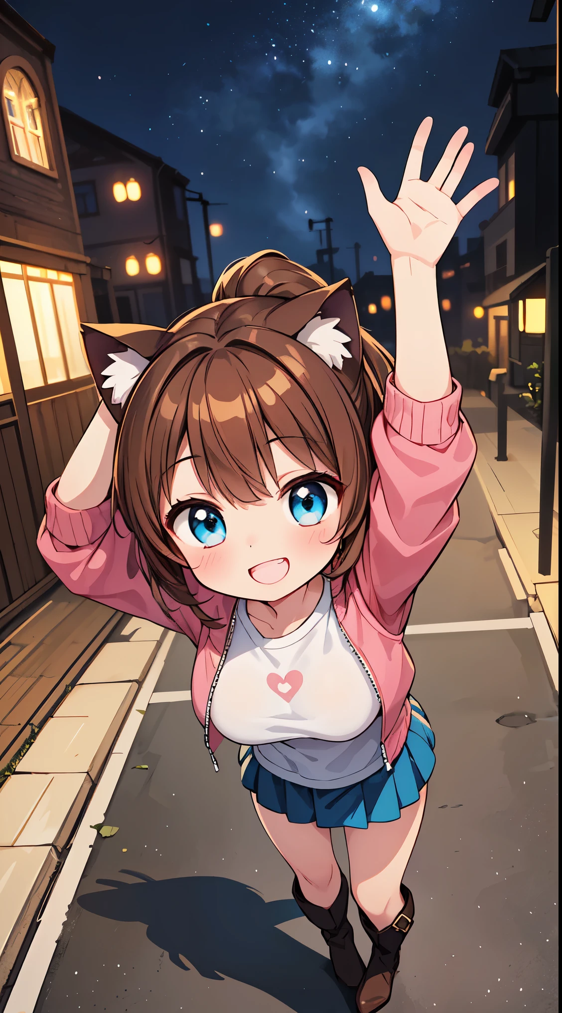(masterpiece, top quality, best quality, official art, beautiful and aesthetic:1.2),ultra-detailed,intricate details,amazing illustration,award-winning art,atmospheric, 

BREAK,1 beautiful girl, (17 years old girl),Solo,(Cute:1.5),(Chibi:0.6),(kawaii:1.5),(Lori:0.5),BREAK,1 beautiful girl, (17 years old girl), Very detailed, colourfull, highest details, BREAK, (Huge breasts: 1. 2), Clear skin, Beautiful skin, Shy skin, 1 beautiful girl, (Brown hair:1.75), (Cat ears, Ponytail, medium-Long hair: 1. 2), (Light blue eyes, long eyelashes, Double eyelids: 1. 2),Solo,gleaming skin, Clear skin, Beautiful skin,(best quality face),(Top quality glowing eyes),(The best smile,:D:1.45),   nose blush, sleepy, grin, open mouth,

BREAK, (portrait, shirt, short bomber jacket, mini skirt, long boots, full body, standing:1.3),

BREAK,(morning), The girl is breakdancing on the city street,(The city at night is wrapped in beautiful flowers of light. This light illuminates the buildings and streets of the city, dispelling the darkness. The flowers of light brighten people’s hearts and bring hope and joy. This scene is a symbol of beauty and hope, a moving moment.)depth of fields,

BREAK,wakame,wakame,wakame,(Cowboy Shot:1.4), (Bending forward, arms up:1.25),from above,

BREAK,(Blurry background:1.3),(absurderes, hight resolution, Super Detail Art),cel shading,Clear Color, Lonely optical effect, Beautiful pictures, Bright glow, mystic atmosphere,(Close-up of girl:0.3), Mystical light particle effect,manga influence, clean line drawings,