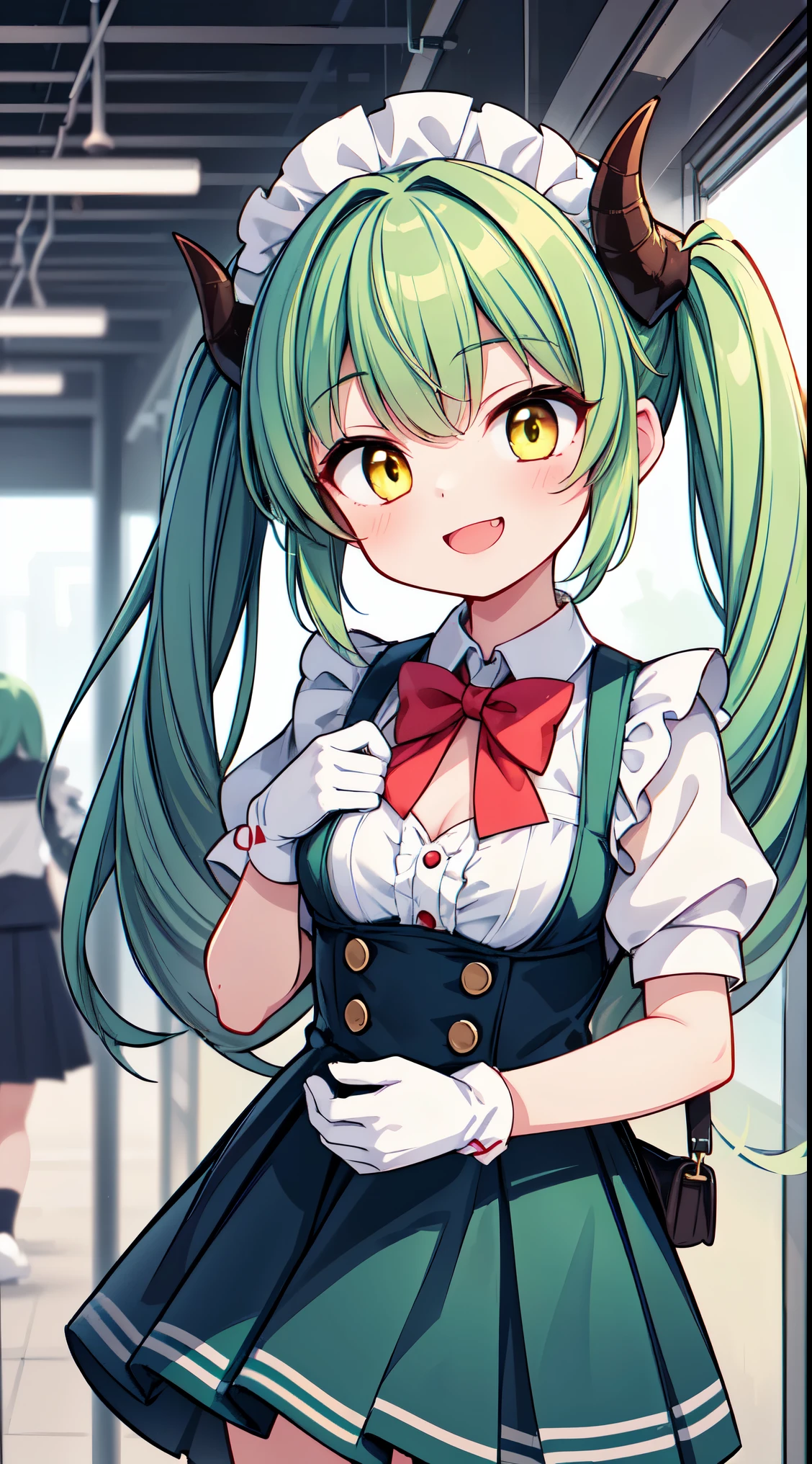 ultra-detailed, high resolution,(incredibly absurdness) ,extremely detailed CG unity 8k wallpaper, ((masterpiece)), ((top-quality)),
BREAK, 1 beautiful girl, (17 year old girl),alone,(cute:1.5),(Little:0.6),(cute:1.5),(change:0.5),break, :d, (twin tails, green hair, horn, long hair:1.35), (yellow eyes, double, slanted eyes:1.45), blush, double teeth, ((D cup breasts))), heart, sight, maid, /maid dragon/, dragon tail, (long eyelashes, double eyelids, thin eyebrows:1.2), alone, glowing skin, beautiful skin, beautiful skin, (highest quality face), (highest quality slanted eyes), maid outfit, gloves, open your mouth, short sleeve, smile, white gloves,(The best smile,smug face:1.45),
BREAK,
train,station,(a girl), platform, snow, (coat:1.1),Yamanote line, (school uniform:1.2),
BREAK,wakame,wakame,wakame,(Cowboy Shot:1.4),
BREAK,(Blurry background:1.3),(absurderes, hight resolution, Super Detail Art),cel shading,Clear Color, Lonely optical effect, Beautiful pictures, Bright glow, mystic atmosphere,(Close-up of girl:1.1), Mystical light particle effect,manga influence, clean line drawings,