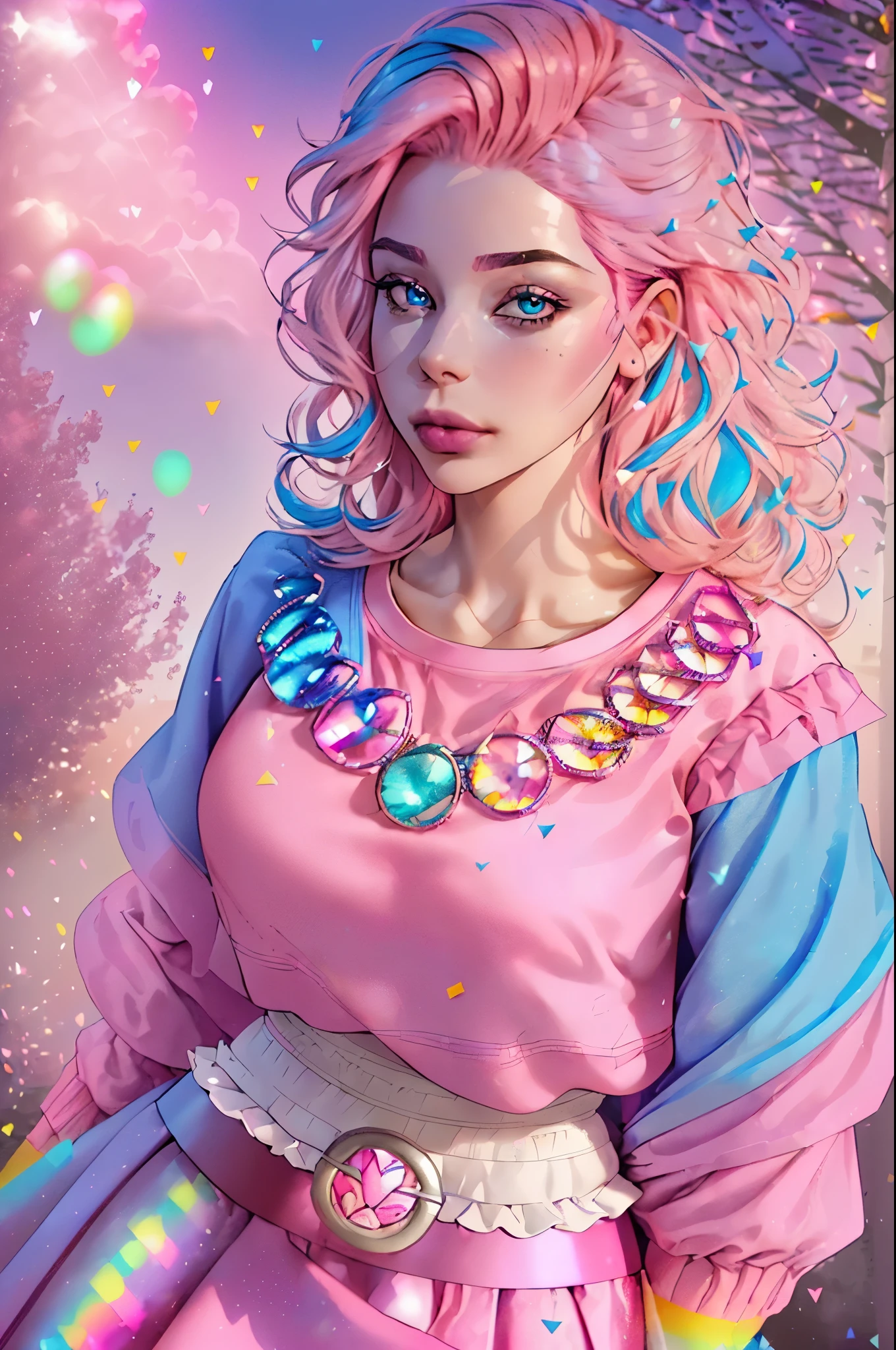 (mlppinkiepie:1.2), (colored skin, pink skin:1.5), (pink hair:1.5), (blue eyes, puffy hair, coil curls, side part, bangs:1.2), (white top with blue jacket, pink puffy skirt, purple belt, rainbow confetti details on skirt:1.2), confetti, party theme, candy, (realistic:1.2),  (masterpiece:1.2), (full-body-shot:1.2),(Cowboy-shot:1.2), neon lighting, dark romantic lighting, (highly detailed:1.2),(detailed face:1.2), (gradients), colorful, detailed eyes, (detailed landscape:1.2), (natural lighting:1.2),(detailed background), detailed landscape, (cute pose:1.2), solo, close up, 