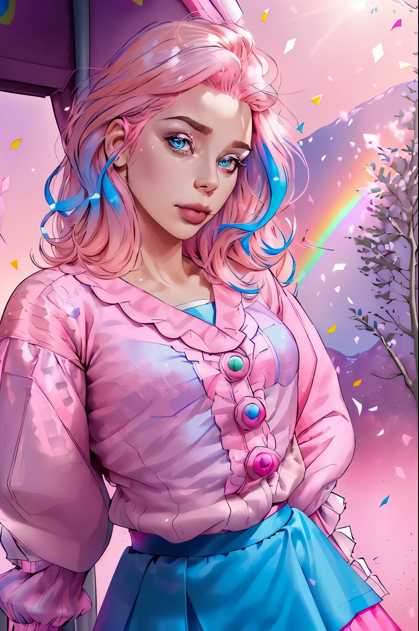 (Style-BlurFore:1.5) zrpgstyle, from below, SashaNobodySD15 medieval child princess teal dress, elaborate, ornate, adventurer cape, (top pony tail:1.1), standing in a tall field of flowers, (large foreground flowers framing the composition:1.3), tree canopy overhead (alpine mountains:1.1), clear sky, (masterpiece) (best quality) (detailed) (intricate)