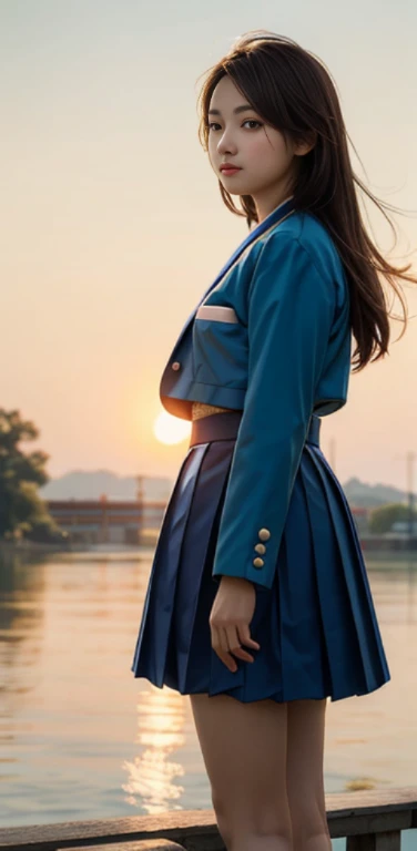 One -yeld fee donned the traditional junior hiool uniform of Japan, with its distinctive design and vivid colors. She stood by the riverbank, holding a fragile flower petal in her mouth, savoring its sweet scent. Her brown eyes reflected the serene beauty of the surrounding landscape, where the blue background blended seamlessly with the blue sky above. The extremely realistic illustration captured the essence of a bright sunset in the afternoon, with the sun casting a warm, orange glow over the tranquil scene.