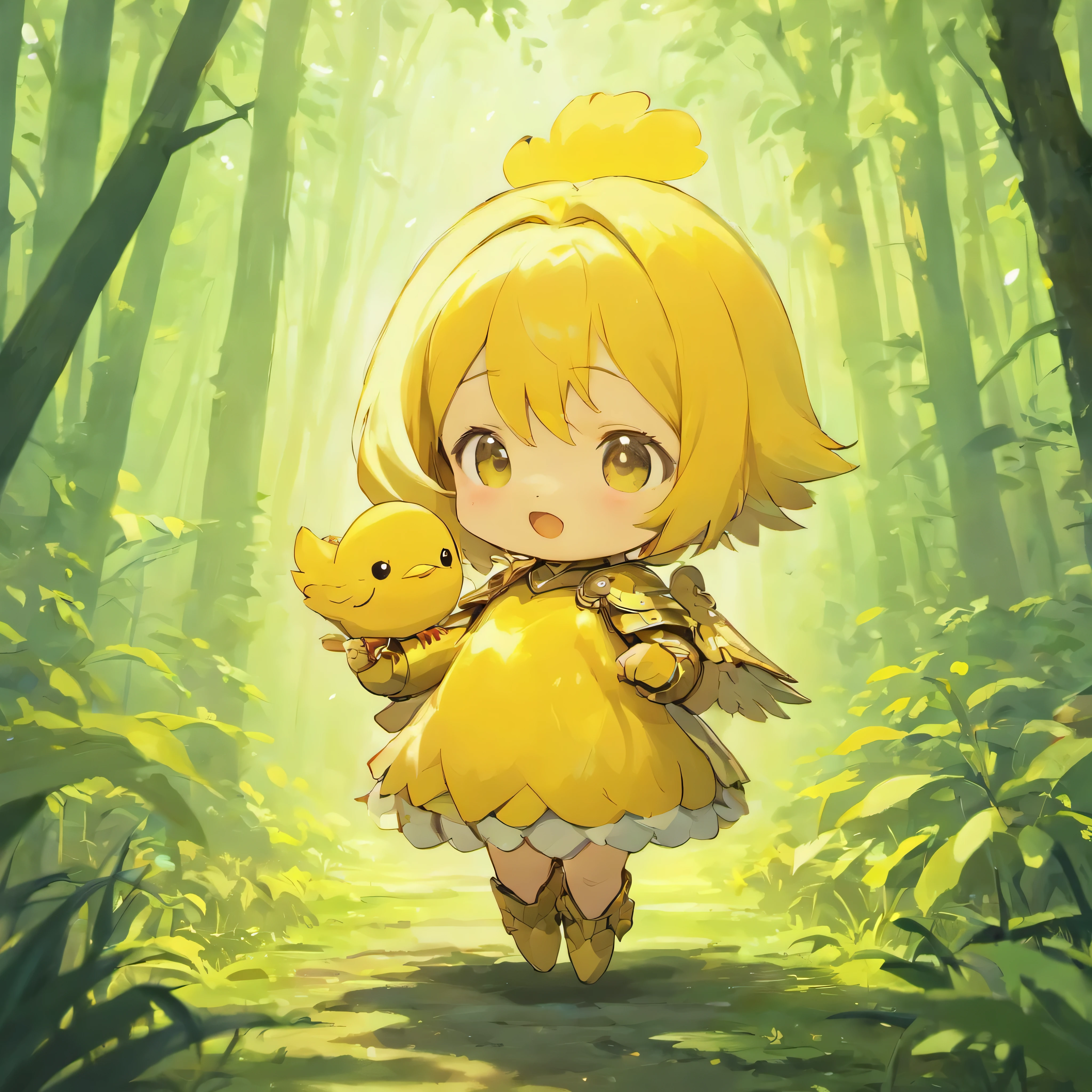 Little yellow chick, baby chicken, armor, cute chibi in the Forest