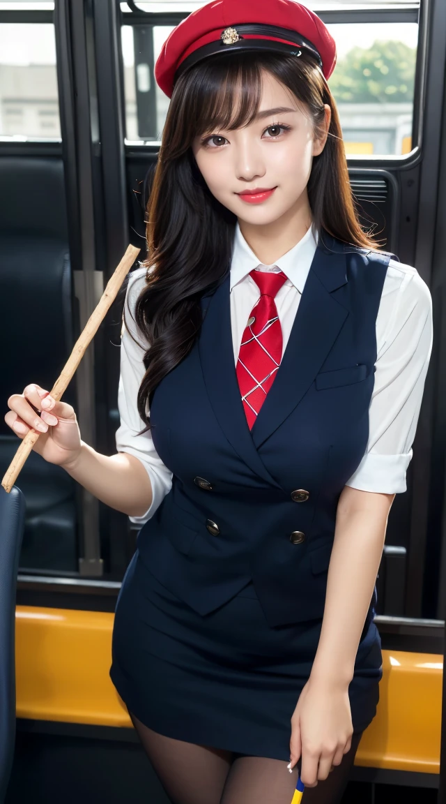 (((full body,including legs)))、(((perfect uniform of Japanese stewardess, blue striped necktie, vest-dress uniform、hat, (black high-heel),  (((with a stick flag in one hand))),bus guide,日本のバスガイド、little smile,white blouse,tight blouse)))、(((navy bowler hat),navy hat)), white gloves, short gloves,  high heel、Dressed up、(Photo real:1.4)、(A hyper-realistic:1.4)、(Photorealistic:1.3)、 (gentle lighting: 1.05)、(Improve the lighting quality of your video:0.9)、32k、 1Girl、28years old girl、photorealistic lighting、Back lighting、Facial Lights、Ray Trace、(bright:1.2)、(Increase quality:1.4)、 (best quality real texture skin)、Fair eyes,Delicate and delicate face, Close-up of the breasts, white blouse,tight blouse,tight jump-skirt , (Bodyline mood improvement:1.1)、Glossy skin、wavy hair,blonde hair,韓国アイドル、乃木坂アイドル、Sculptural Idol Pose、little smile,blush,Beautiful actress、Neat woman,whole body, (((midium breasts,beautiful breasts))),(perfect row of teeth),slender waist and hip,beautiful long legull shot)、((8heads tall)、(((誘惑している、恥ずかしい)))、dynamic pose,gravure pose,(eye shadow),((red cheek、red lips)),Super Clean Night View、night time、blush,little smile,(((full shot)))、(((in the bus))),