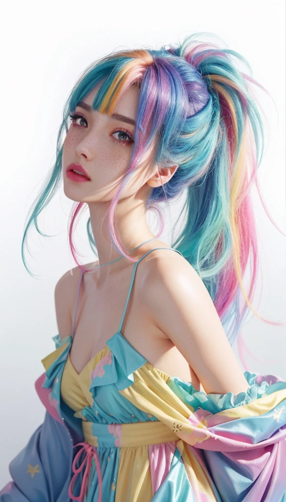 ((super detailed)),((bright eyes)), (detailed eyes) , 8K, wink, (fake freckles makeup artist), ((Realistic scarlet detail dress with two straps on the shoulders)) , ((The skin on my face is shiny)), colorful hair and colorful clothes, Rose is vividly drawn with pastel, rossdraws cartoon vibrant, Style Anime 8k, beautiful portrait, colorful art!!!, ! dream art gem, beautiful anime girl, Style Digital Art, Art wallpaper 8k, number art, Highly detailed ArtGerm,