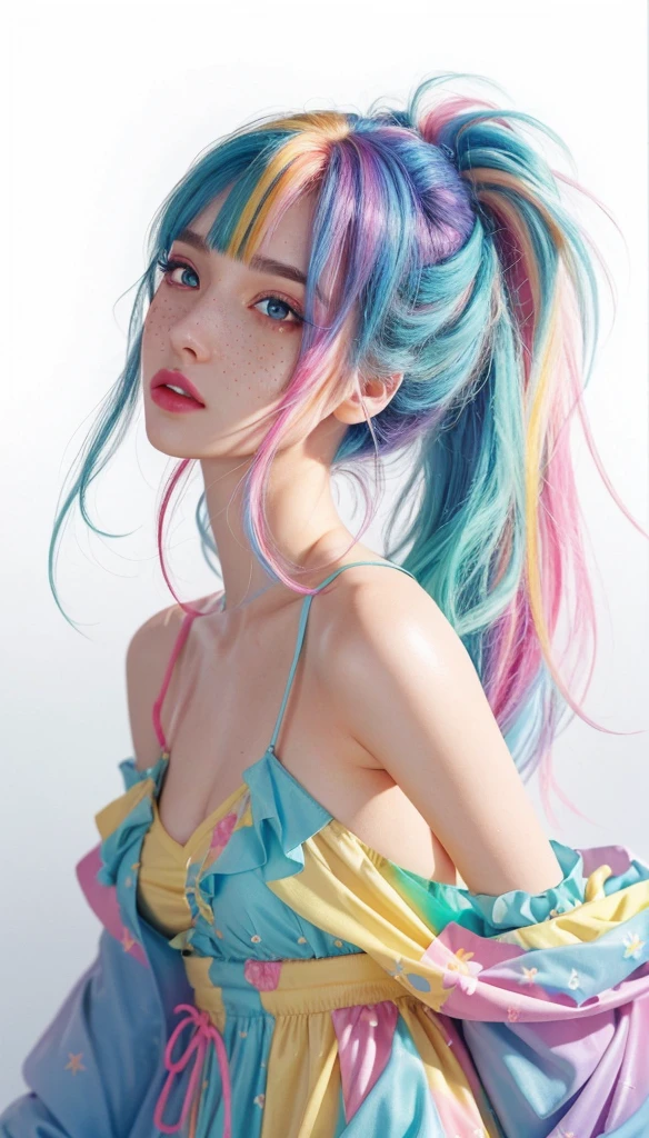 ((super detailed)),((bright eyes)), (detailed eyes) , 8K, wink, (fake freckles makeup artist), ((Realistic scarlet detail dress with two straps on the shoulders)) , ((The skin on my face is shiny)), colorful hair and colorful clothes, Rose is vividly drawn with pastel, rossdraws cartoon vibrant, Style Anime 8k, beautiful portrait, colorful art!!!, ! dream art gem, beautiful anime girl, Style Digital Art, Art wallpaper 8k, number art, Highly detailed ArtGerm,