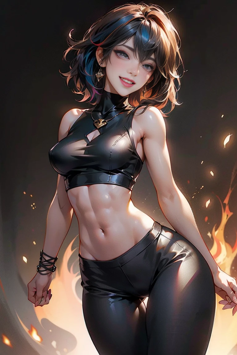 taller slim woman, (laughing:1.2), slender, narrow-waisted pants, (multicolored hair:1.3), voluminous messy hair, asymmetrical long hair, (gothic eye makeup:1.3), (brown skin:1.3), (tanned skin:1.3), (bronze skin:1.3), gorgeous eyes, well toned abs, open legs, knees up, visible under chest, showing underboobs, visible lower breasts, dynamic pose, sexy pose, cinematic angle