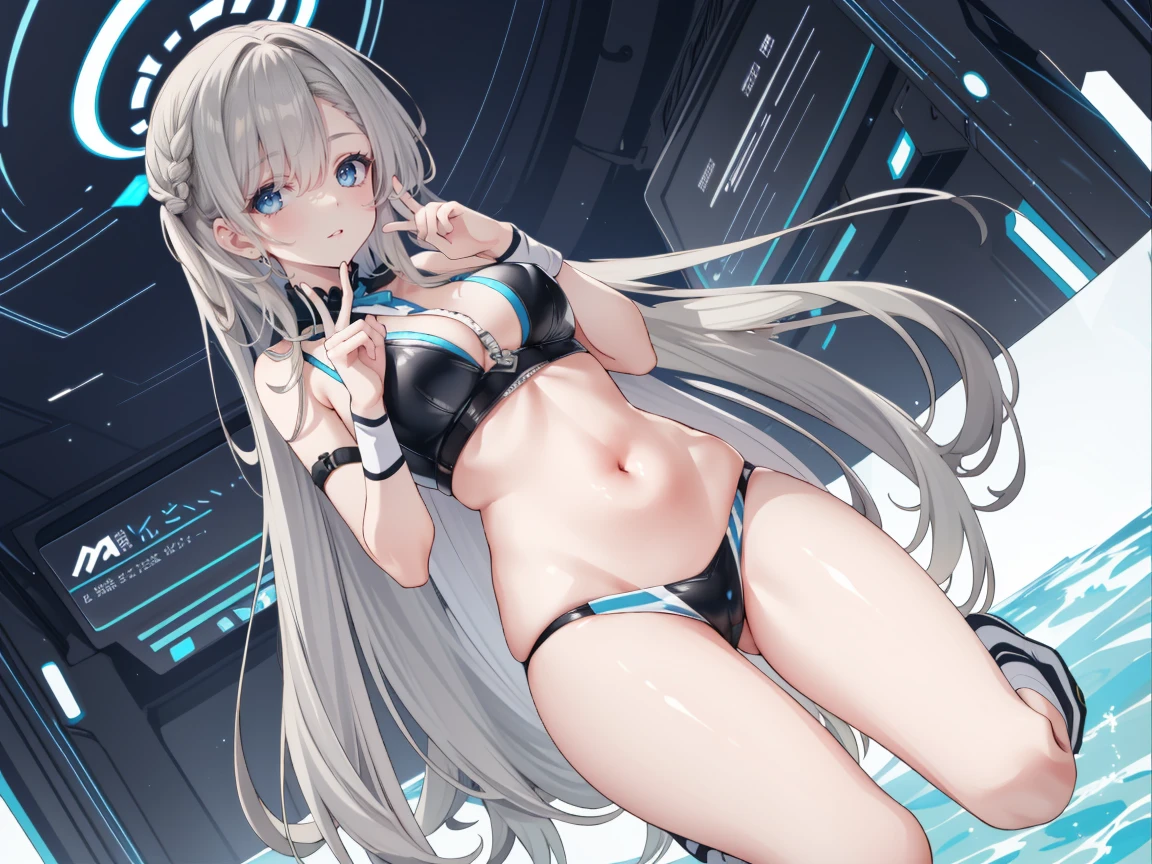 (high resolution), (The best resources), (high quality), (masterpiece), 1 plump girl, Asuna, blue eyes, long gray hair, halo, hair covering one eye, very long hair, light brown hair, (, Cracked Contrast Glue High Socks, Red latex, praying hands logo, looking at the audience, 8K HD RTX, Delicate finger detailing,Obscenity exposed，slim figure，Smile