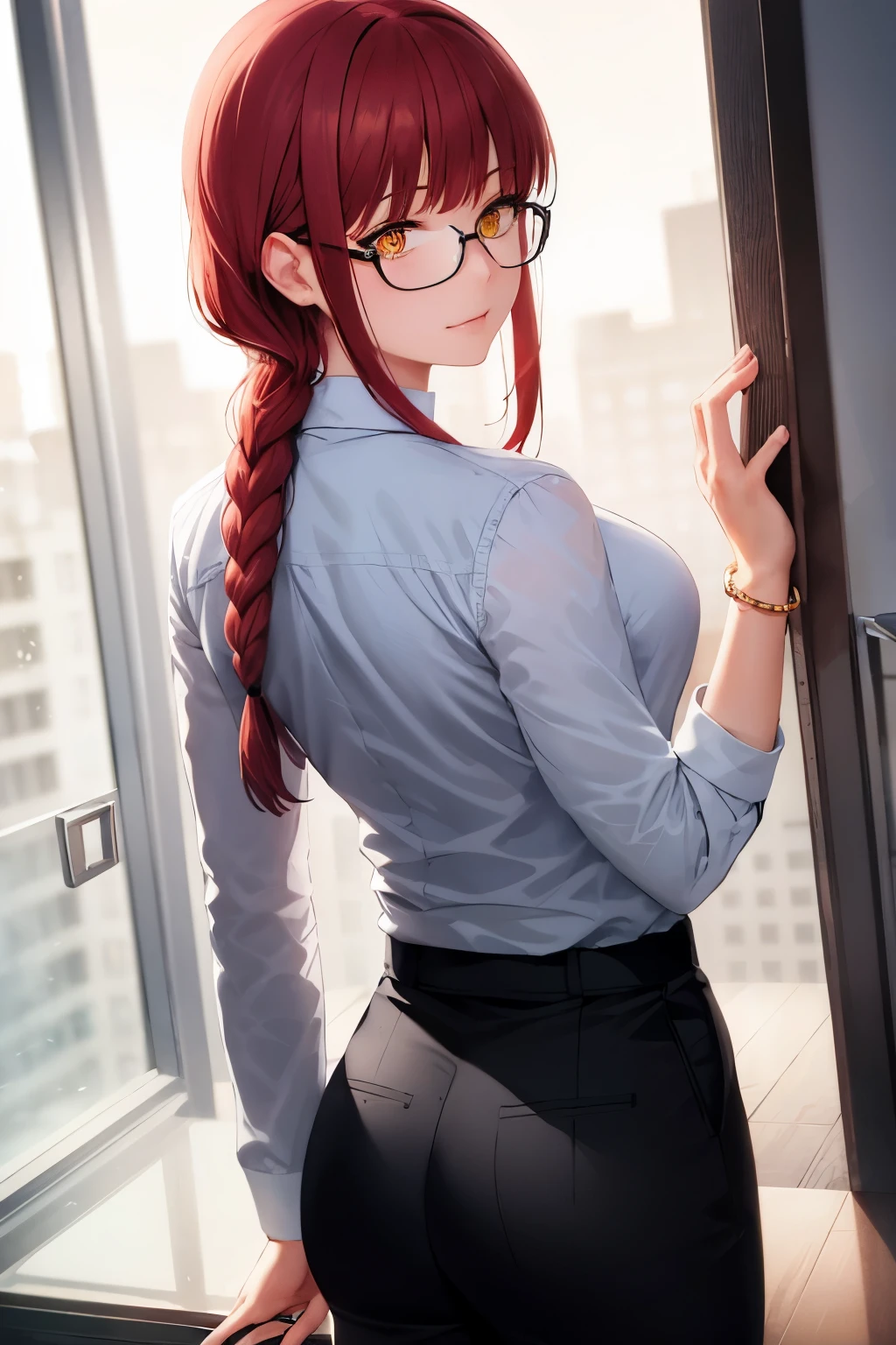 beste-Quality, A masterpice, photorealestic:1.37, ultra-high-resolution, 8K raw photos, 1girl in, eye glasses, Beautiful face, beautifuleyes, Medium breasted, Secretary's costume,White Y-shirt、Black pants、Whole human body、 Captivating, A bracelet, jewlery, looking at the viewers, in a office, High detailed skin, pores, detailed back ground, 8K UHD, DSLR,red hairs, Long braided hair, Golden Eyes,Makima