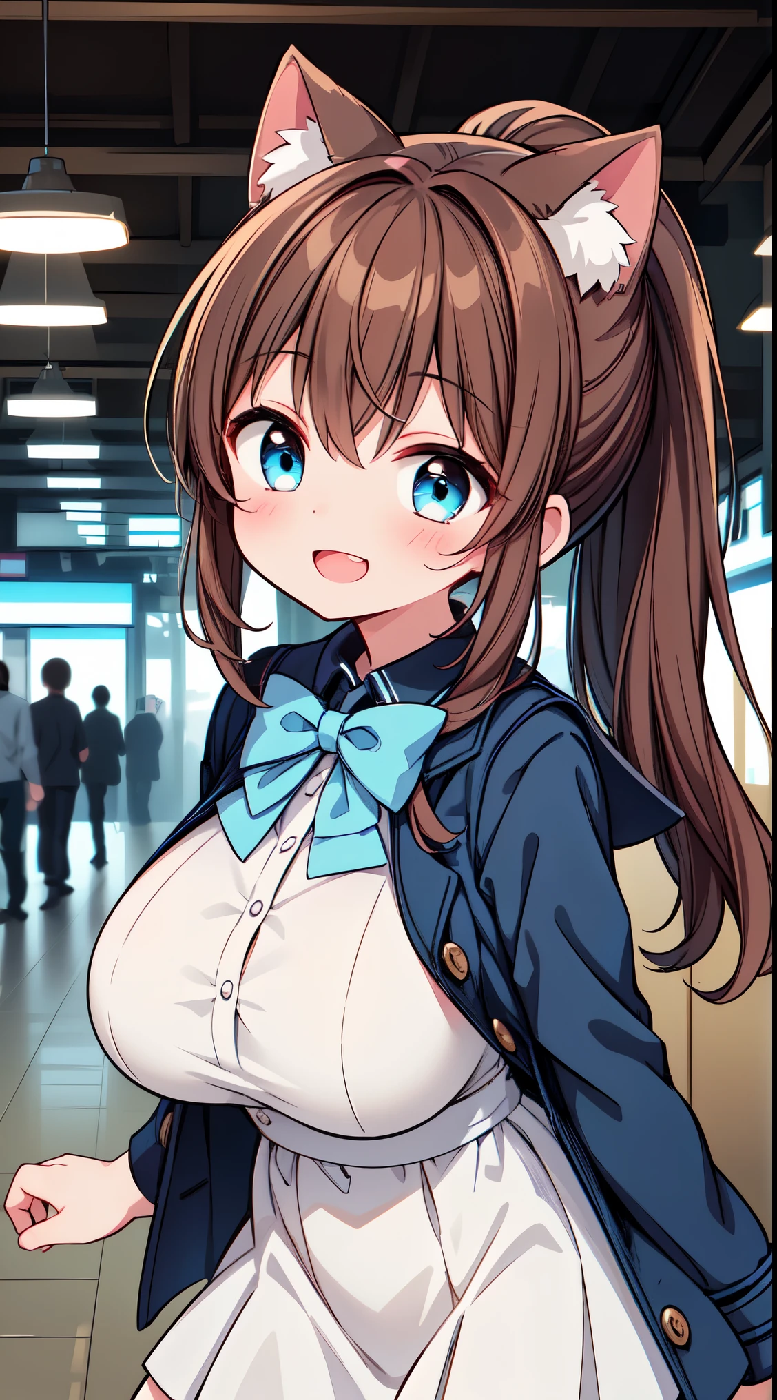 Anime girl with cat ears and a blue bow tie - SeaArt AI