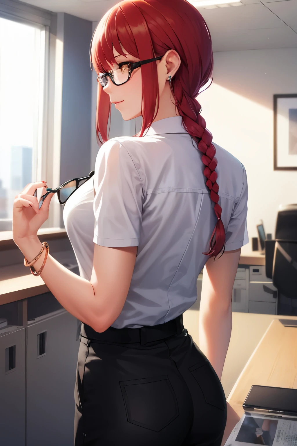beste-Quality, A masterpice, photorealestic:1.37, ultra-high-resolution, 8K raw photos, 1girl in, eye glasses, Beautiful face, beautifuleyes, Medium breasted, Secretary's costume,White Y-shirt、Black pants、Whole human body、 Captivating, A bracelet, jewlery, looking at the viewers, in a office, High detailed skin, pores, detailed back ground, 8K UHD, DSLR,red hairs, Long braided hair, Golden Eyes,Makima