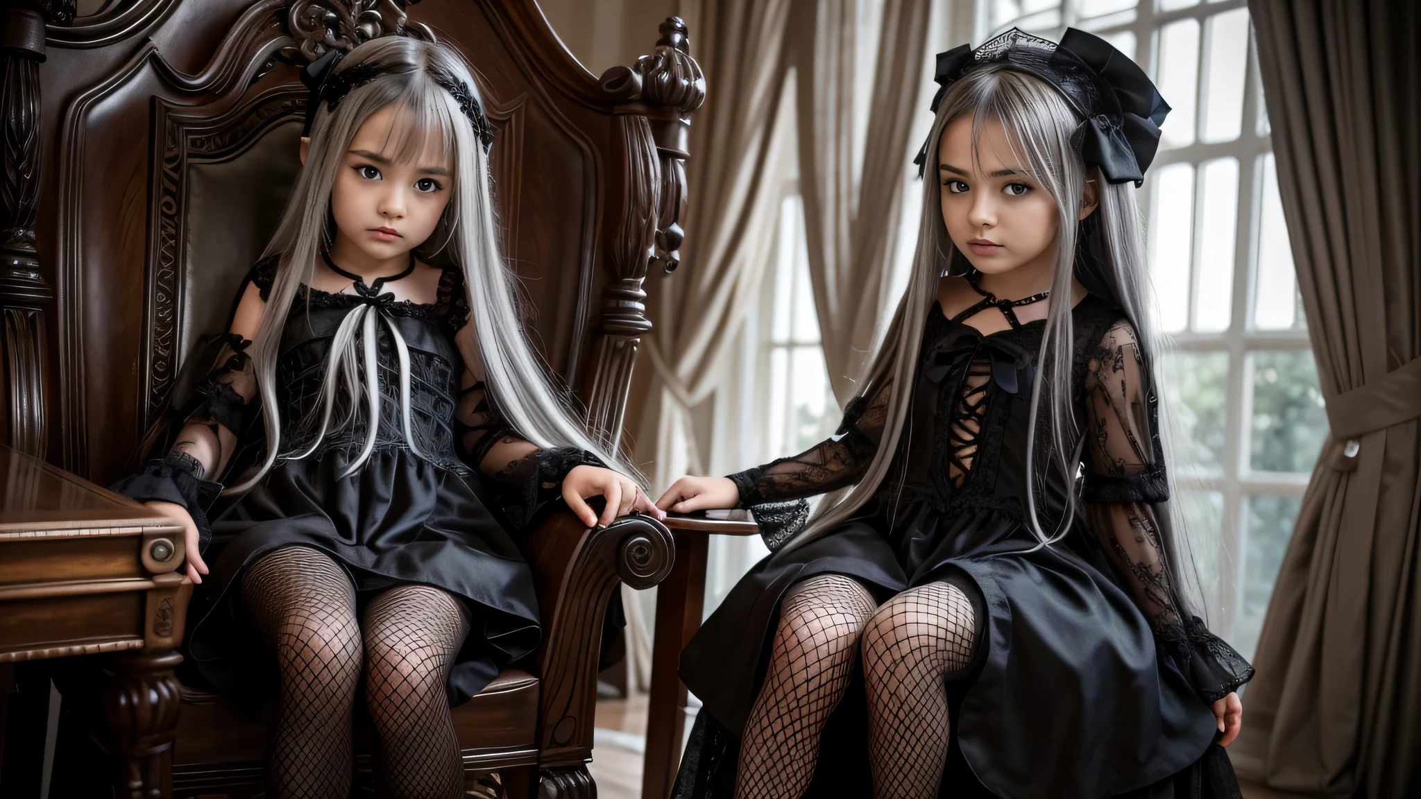 children girl long silver hair, with symbolic gothic net clothing, 。um close em um trono.