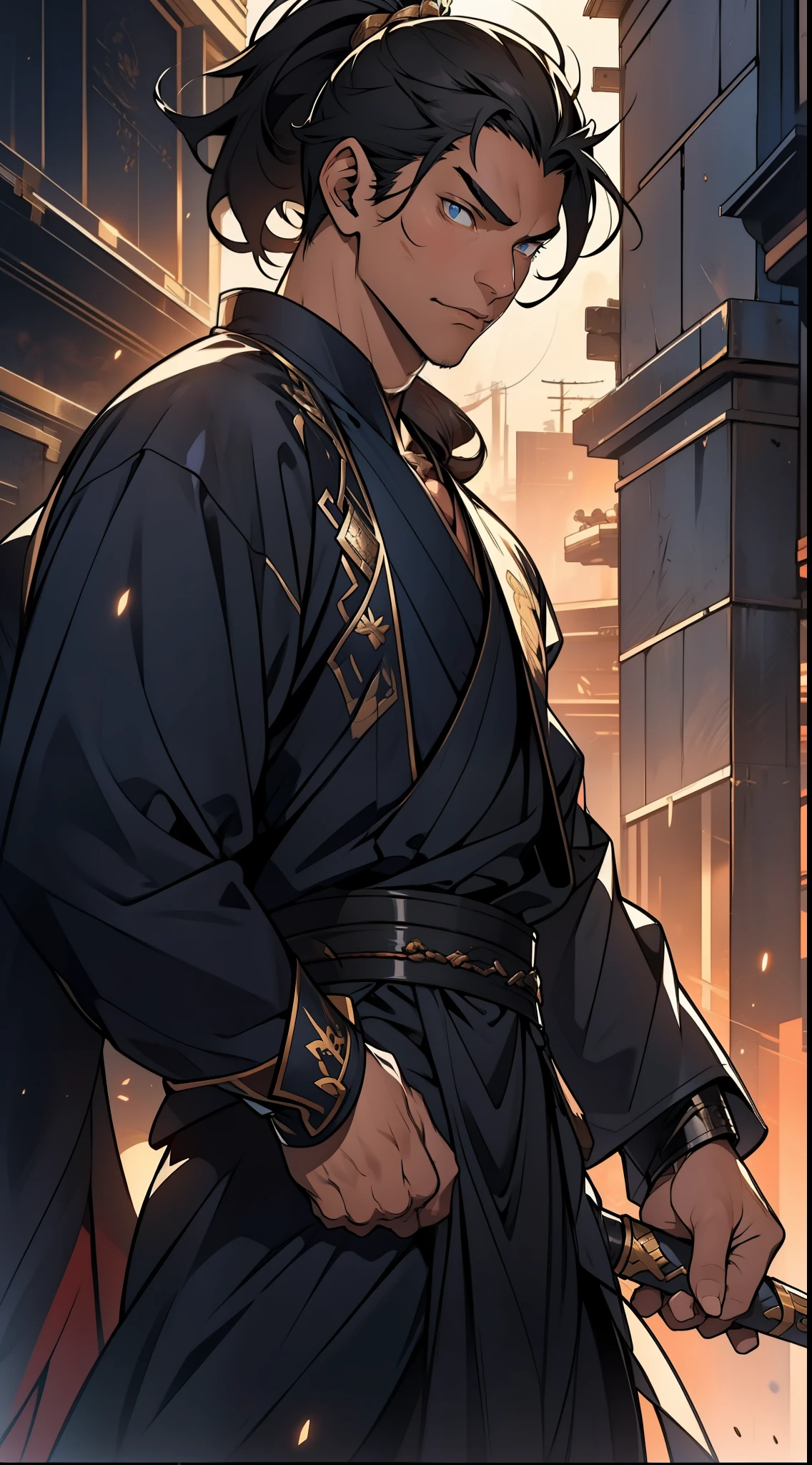 Two dimensions，anime style，one person（male warrior），proportions are correct，facial details，swordsman，high ponytail hairstyle，neck detail，Have an Adam&#39;s apple，Black period costume，joke，black toga，clothing details，Handing over，long sleeves，Game quality，fencing，Ray tracing，Ray tracing，Detailed glow，CG rendering，hair details，long black hair，blue eyes，Handsome，Handsome，（Youthful feeling），Clothing is complicated，Perfect composition，refine，high quality，higher details，many details，Complex background，a sense of atmosphere，