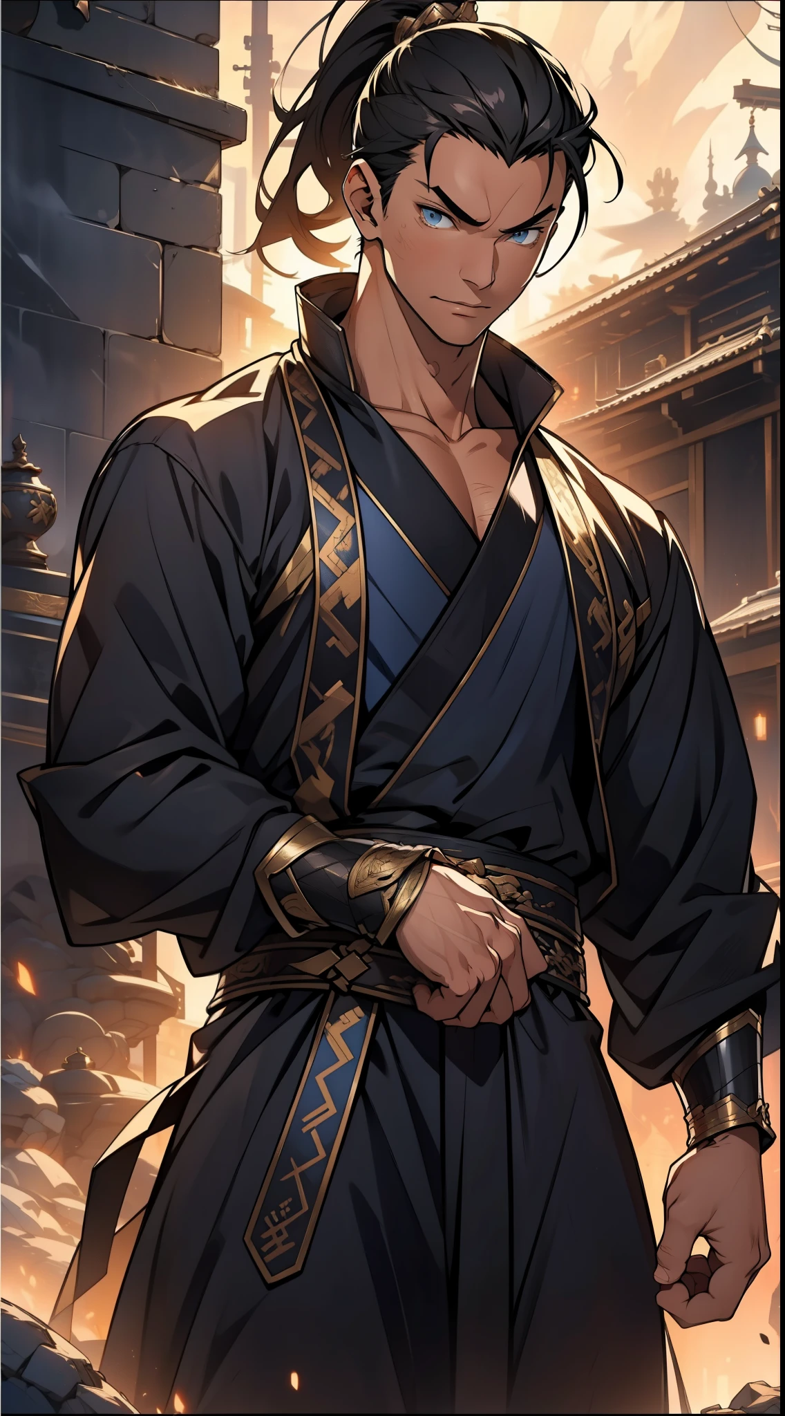 Two dimensions,anime style,one person(male warrior),proportions are correct,facial details,swordsman,high ponytail hairstyle,neck detail,Have an Adam's apple,Black period costume,joke,black toga,clothing details,Handing over,long sleeves,Game quality,fencing,Ray tracing,Ray tracing,Detailed glow,CG rendering,hair details,long black hair,blue eyes,Handsome,Handsome,(Youthful feeling),Clothing is complicated,Perfect composition,refine,high quality,higher details,many details,Complex background,a sense of atmosphere,