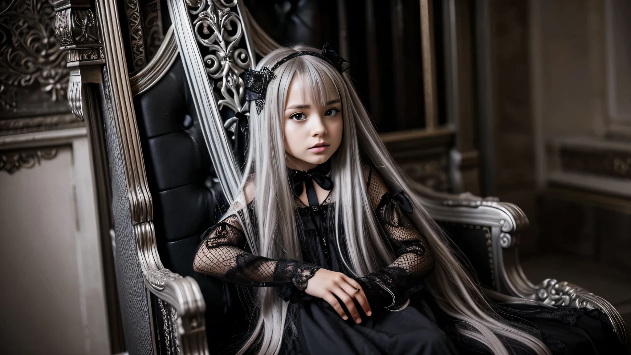  girl long silver hair, with symbolic gothic net clothing, 。um close em um trono. COM UM LOBO AO LADO.