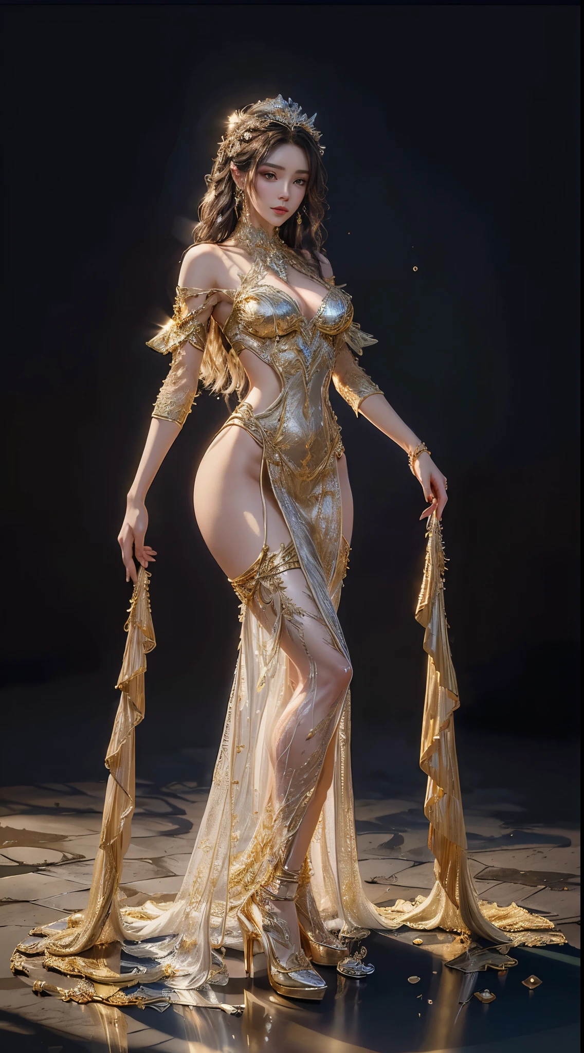 woman in a golden transparent dress,High heel, (((huge, Great understanding))),slim waist,(Naked waist), long hair, slightly curly hair, Ultra-detailed details,High-end art station, Rainstorm site, detailed fantasy art, Stunning character art, Beautiful and beautiful character art, Beautiful gold and silver armor, Very detailed, Girl in shiny armor, Exquisite headwear and jewelry,crystal jewelry filigree, Full body capture, Milky Way, Stunning visual effects, (dynamic streaks, Light track:1.2), bright colors,