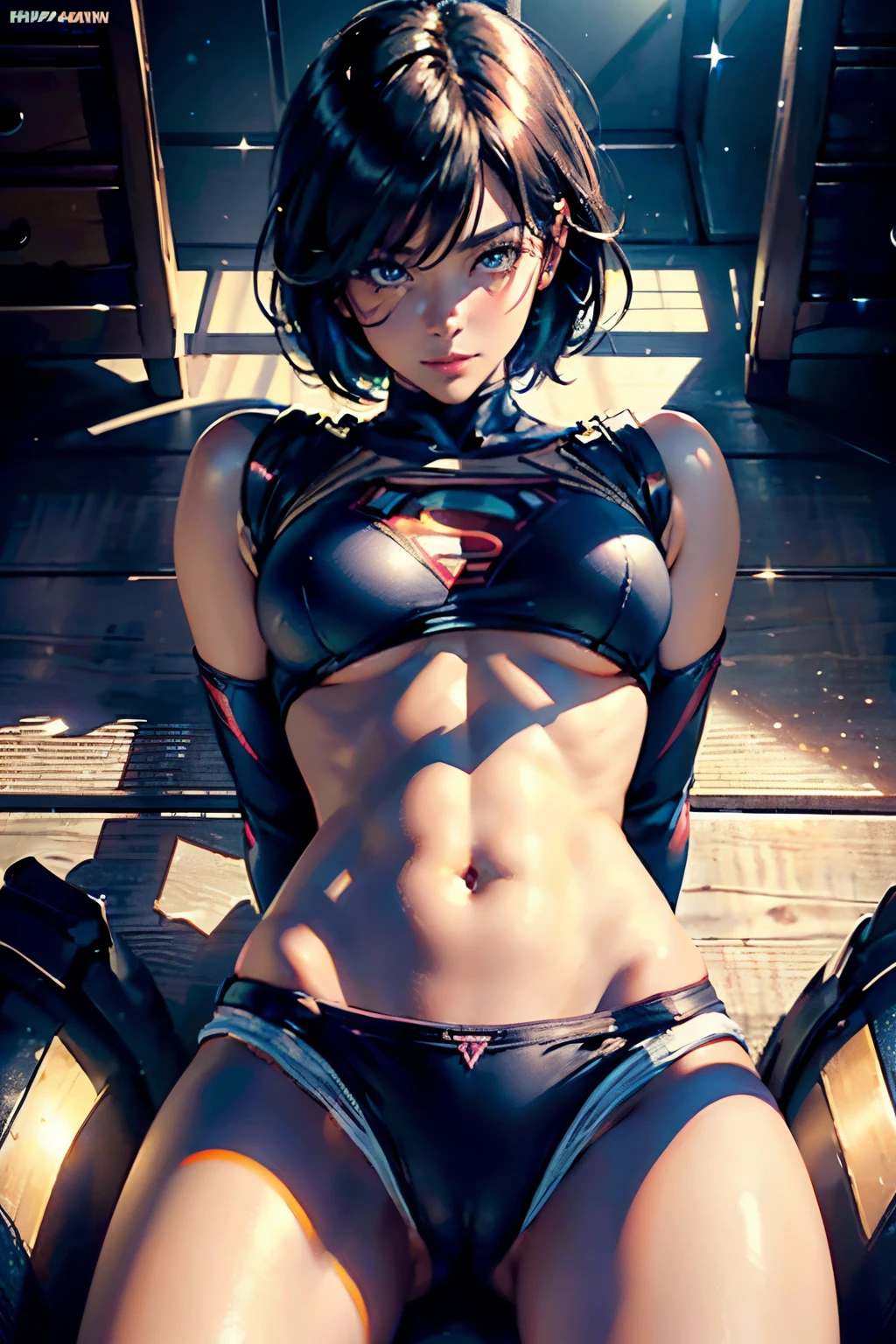 HYPER BEAUTY, PERFECT BODY POSE AND FACE(((NSFW perfect body Supergirl)))("S" NSFW magazine cover:1.1), (original: 1.1),(( NSFW Black Short Hair Supergirl masterpiece, best quality, ultra-detailed, illustration, kawaii, detailed light, happy, sweet smile, blush, eyes semi closed, Highlights short black hair Supergirl, beautiful detailed body, detailed sparkling eyes, upergirl upshirt obsession:1.5))(pov NSFW Award-winning image), looking at viewer in teasing pose, showing skin, bubare thighs, perfect limbs, Supergirl RIPPED underwear (RIPPED and TORNED between legs underwear:1.5), on a wooden furniture, full view of buttocks, buttocks, in heat,egs open in wooden furniture legs largly spread,(perfect body, perfect legs:1.1), show Vaginal rupture, top view,on the bottom, pressing herear facing viewer(FPV:1.1),Looking at viewer, ((dark skin:1.4)), blushing, very embarrassed, innocent smile, extremely detailed eyes,professional, Studio quality, hyper realistic realistic texture, Anime art,High Quality,Golden Ratio,Beautiful And Aesthetic,HQ, Masterpiece, best quality, beautiful face, shiny hair