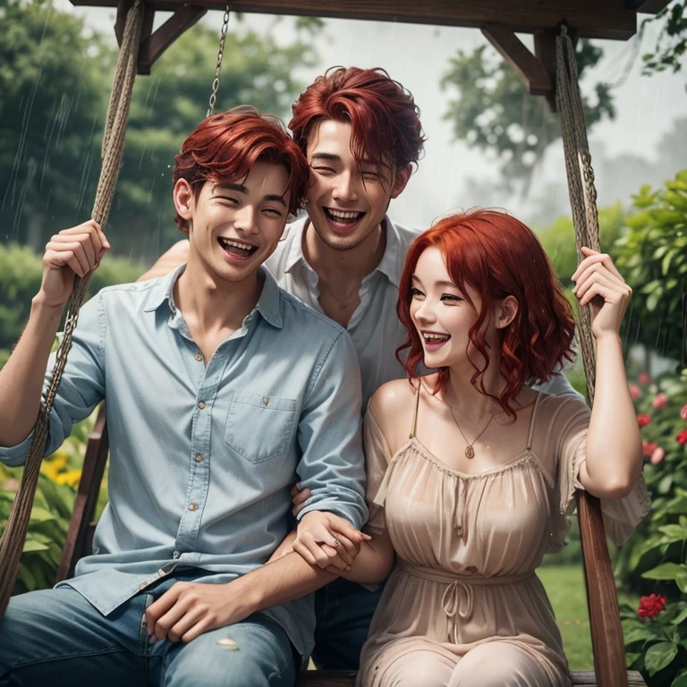 cartoo couple a woman loose red hair soft makeup small mouth smiling a man with short curly oval hair small mouth under heavy rain laughing and having fun wet hair looking passionately in the background a garden with a beautiful wooden swing