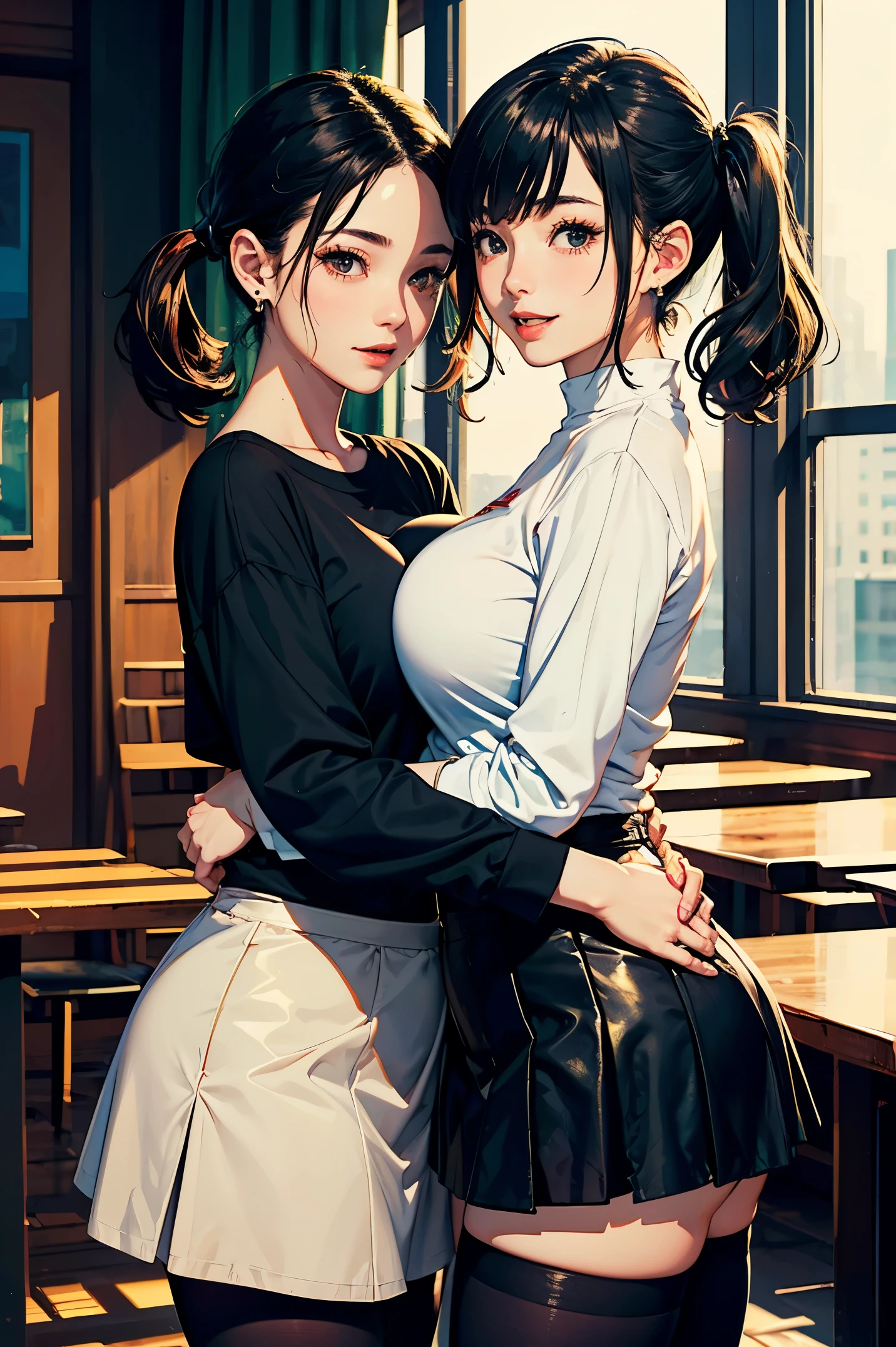 (two women:1.2)、(masterpiece:1.4)、(highest quality:1.4)、ultra high resolution、black short bob、black hair twintails、earrings、long sleeve t-shirt、Tight Skirt、black tights、(huge breasts:1.1)、red face、smile、Hugging、University
