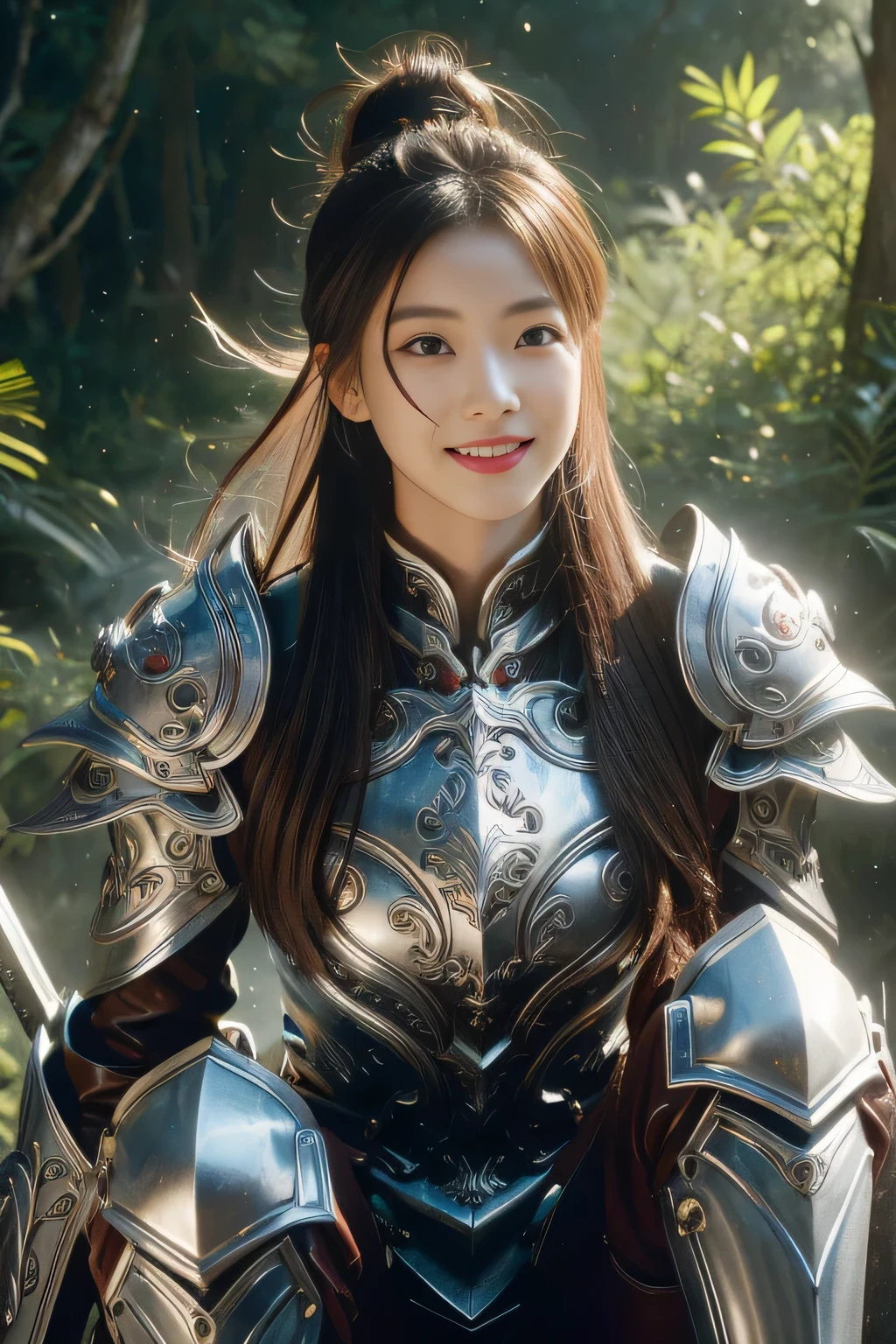Chinese female general Hua Mulan,reddish brown leather armor,Silver metal heavy armor,battlefield background,hand weapon,majestic,Smile(open mouth)(The corners of the mouth are raised),Leather tunic,Knee pads,eight clones,sunshine on face,,Bundle hair,silver metal headband,,Hair bun raised high。Wild forest background