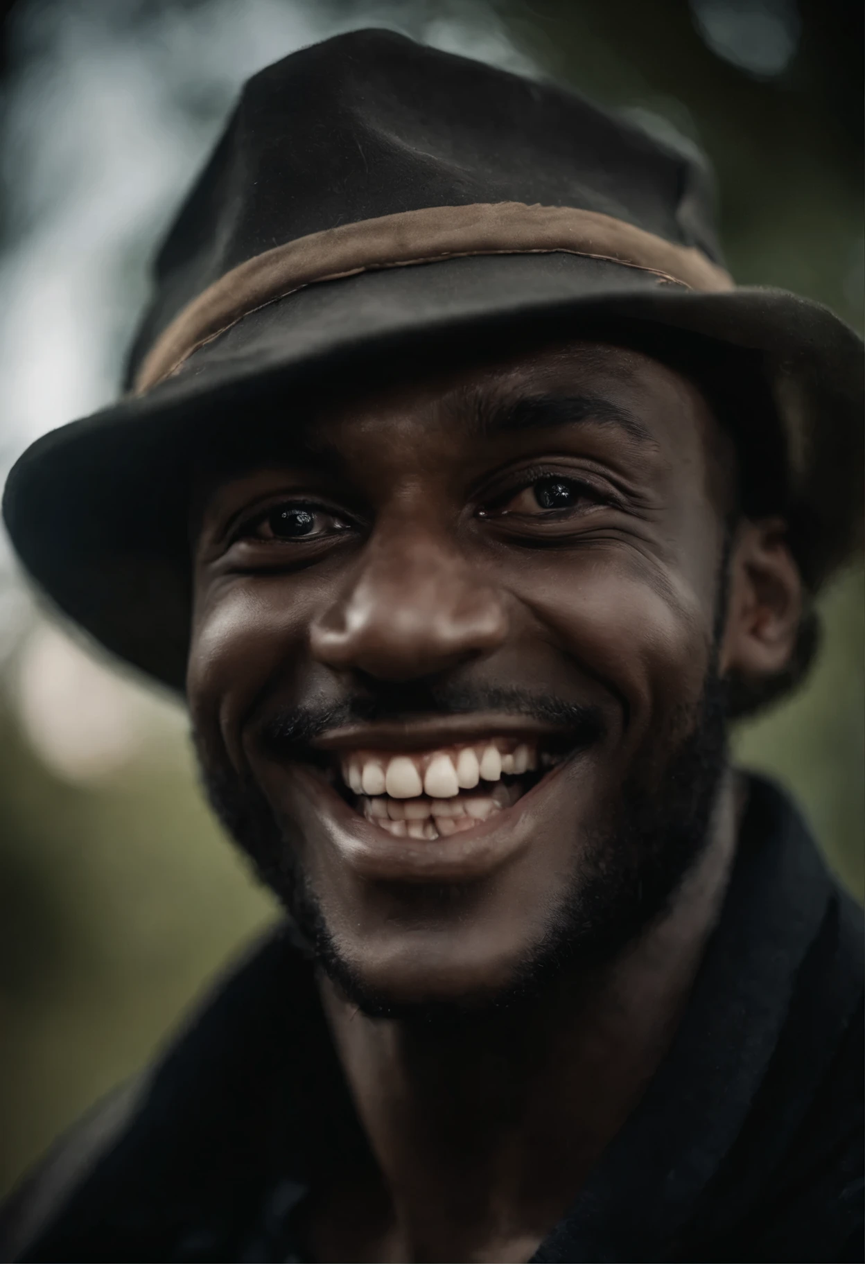 Personagem de terror masculino cego, olhos negros, boca grande, dentes afiados, mischievous smile 