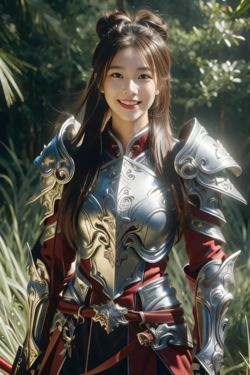 Chinese female general Hua Mulan，reddish brown leather armor，Silver metal heavy armor，battlefield background，hand weapon，majestic，Smile（open mouth）（The corners of the mouth are raised），Leather tunic，Knee pads，eight clones，sunshine on face，，Bundle hair，silver metal headband，，Hair bun raised high。Wild forest background