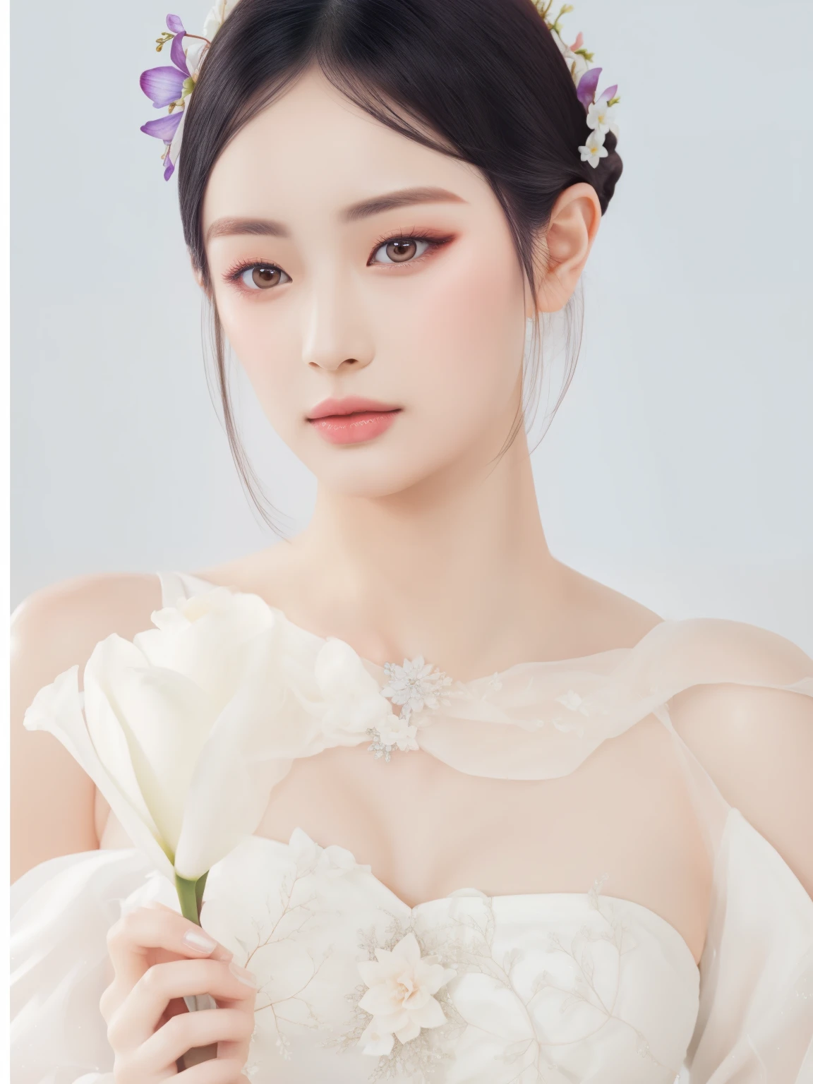 A closeup of a woman holding a flower in her hand, Hanni Pham do Newjeans, ethereal beauty, maquiagem suave, dilraba dilmurat, pale milky white porcelain skin, lindo rosto delicado, lindo rosto delicado, Clear, high-quality lips, Hanni Pham, Retrato de Hanni Pham, maquiagem coreana popular, beautiful pale makeup, maquiagem sul-coreana popular, pele branca leitosa.