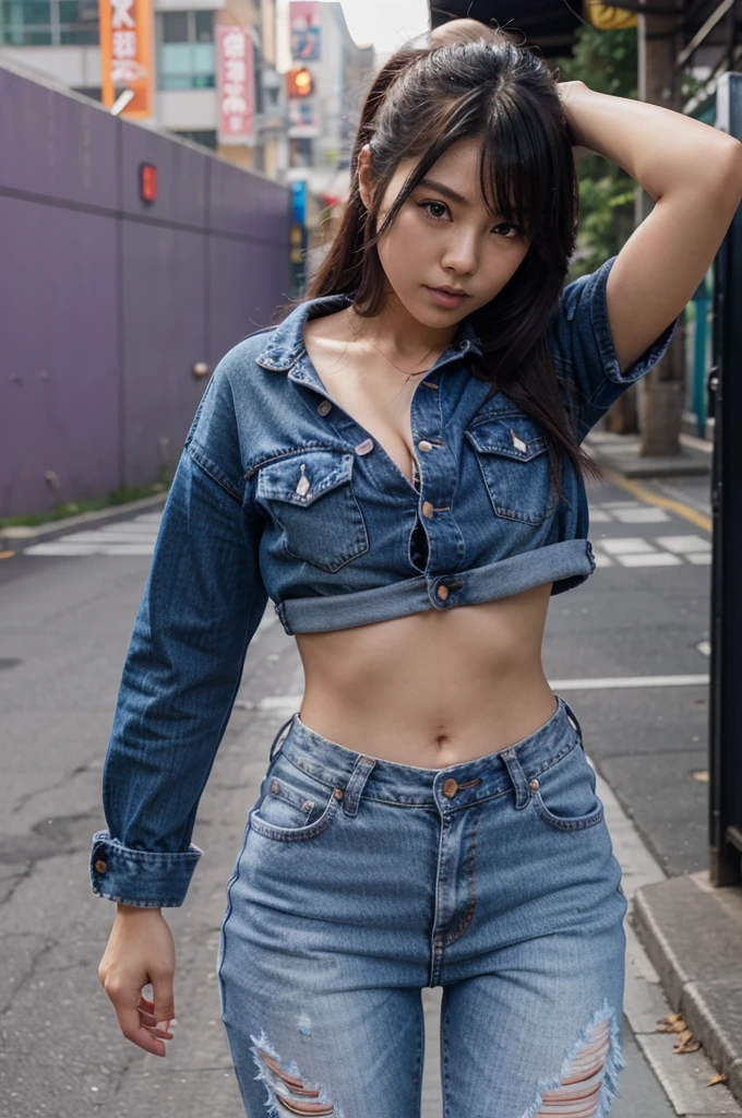 strong fit asian model cute face strong body purple gaming girl anime vibe ripped jeans
