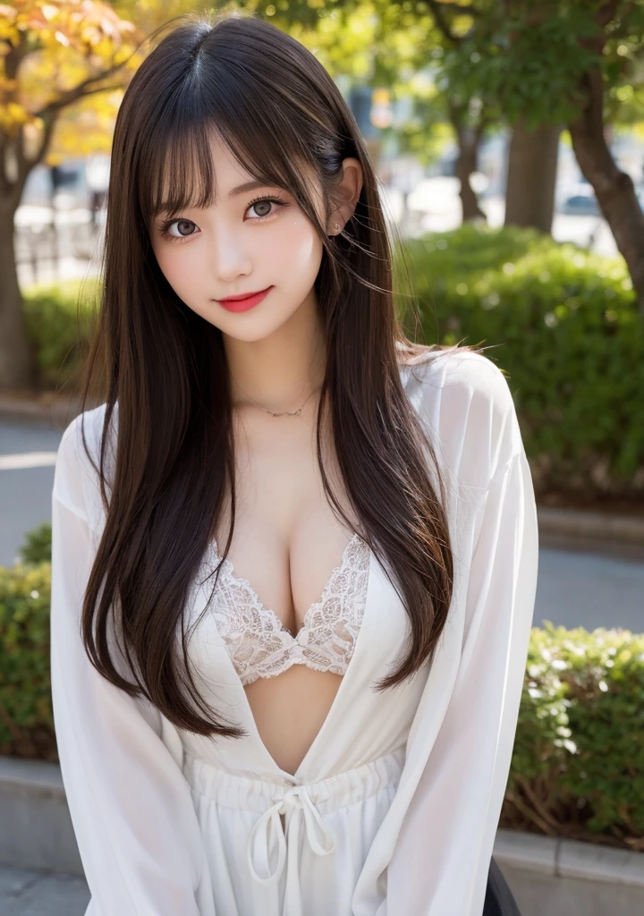 table top, highest quality, figure, super detailed, finely, High resolution, 8k wallpaper, 完璧なダイナミックな構figure, beautiful and fine eyes, ladies' fashion🍂,medium hair,small breasts、natural color lip, bold sexy pose,smile,Harajuku、20 year old girl、cute、sexy shot looking at camera