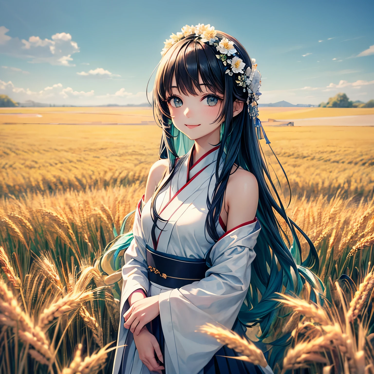 masterpiece, best quality, ultra high definition, detailed illustration, portrait, detailed, 1 girl standing in a wheat field, alone, long hair, skirt, flower, white hanfu, Smile, whole body, white flower, bare shoulders, very long hair, aqua hair, Keep your mouth shut, for the audience, Bangs,