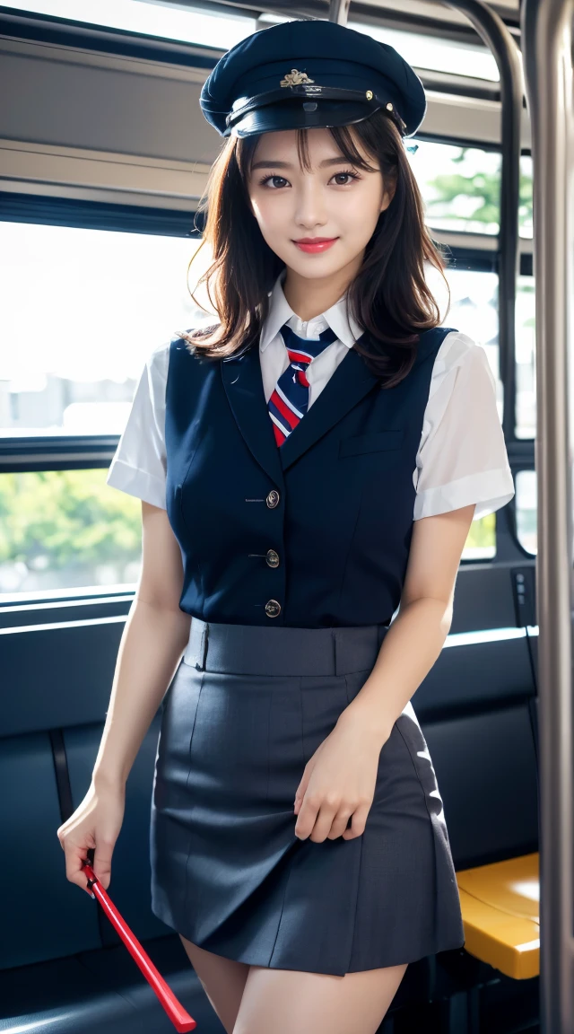 (((full body,including legs)))、(((perfect uniform of Japanese stewardess, blue striped necktie, vest-dress uniform、hat, (black high-heel),  (((with a stick flag in one hand))),bus guide,日本のバスガイド、little smile,white blouse,tight blouse)))、(((navy bowler hat),navy hat)), white gloves, short gloves,  high heel、Dressed up、(Photo real:1.4)、(A hyper-realistic:1.4)、(Photorealistic:1.3)、 (gentle lighting: 1.05)、(Improve the lighting quality of your video:0.9)、32k、 1Girl、28years old girl、photorealistic lighting、Back lighting、Facial Lights、Ray Trace、(bright:1.2)、(Increase quality:1.4)、 (best quality real texture skin)、Fair eyes,Delicate and delicate face, Close-up of the breasts, white blouse,tight blouse,tight jump-skirt , (Bodyline mood improvement:1.1)、Glossy skin、wavy hair,blonde hair,韓国アイドル、乃木坂アイドル、Sculptural Idol Pose、little smile,blush,Beautiful actress、Neat woman,whole body, (((midium breasts,beautiful breasts))),(perfect row of teeth),slender waist and hip,beautiful long legull shot)、((8heads tall)、(((誘惑している、恥ずかしい)))、dynamic pose,gravure pose,(eye shadow),((red cheek、red lips)),Super Clean Night View、night time、blush,little smile,(((full shot)))、(((in the bus))),