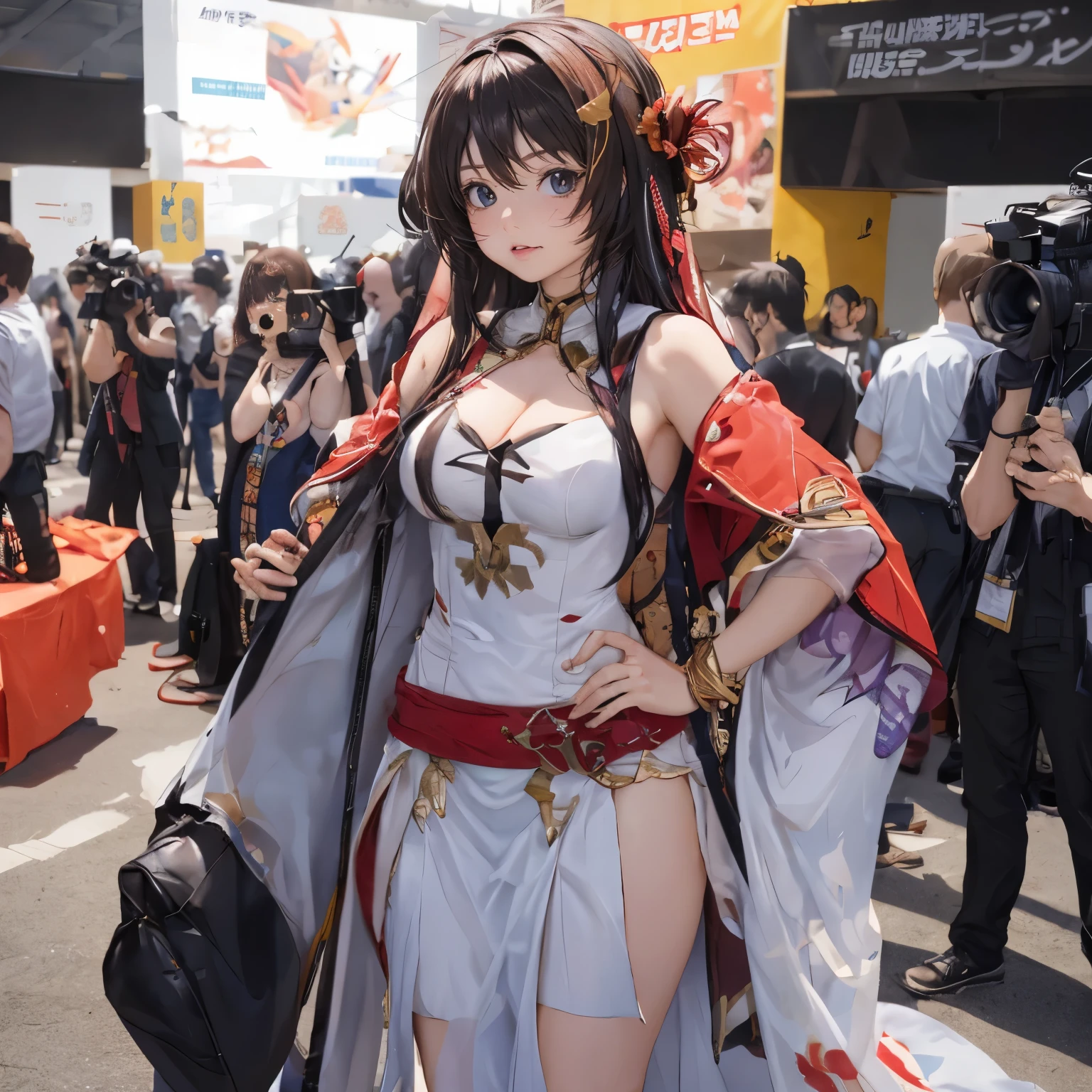a cosplayer woman has ((a physically translucent clothes and body)), (surrounded by photographers), big event with anime and games,