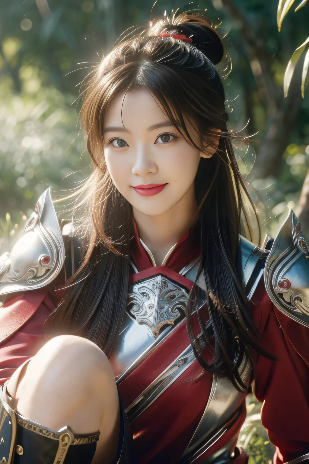 Chinese female general Hua Mulan，reddish brown leather armor，Silver metal breastplate，battlefield background，hand weapon，majestic，Smile（open mouth）（The corners of the mouth are raised），Leather tunic，Knee pads，eight clones，sunshine on face，，Bundle hair，silver metal headband，，Hair bun raised high。Wild forest background