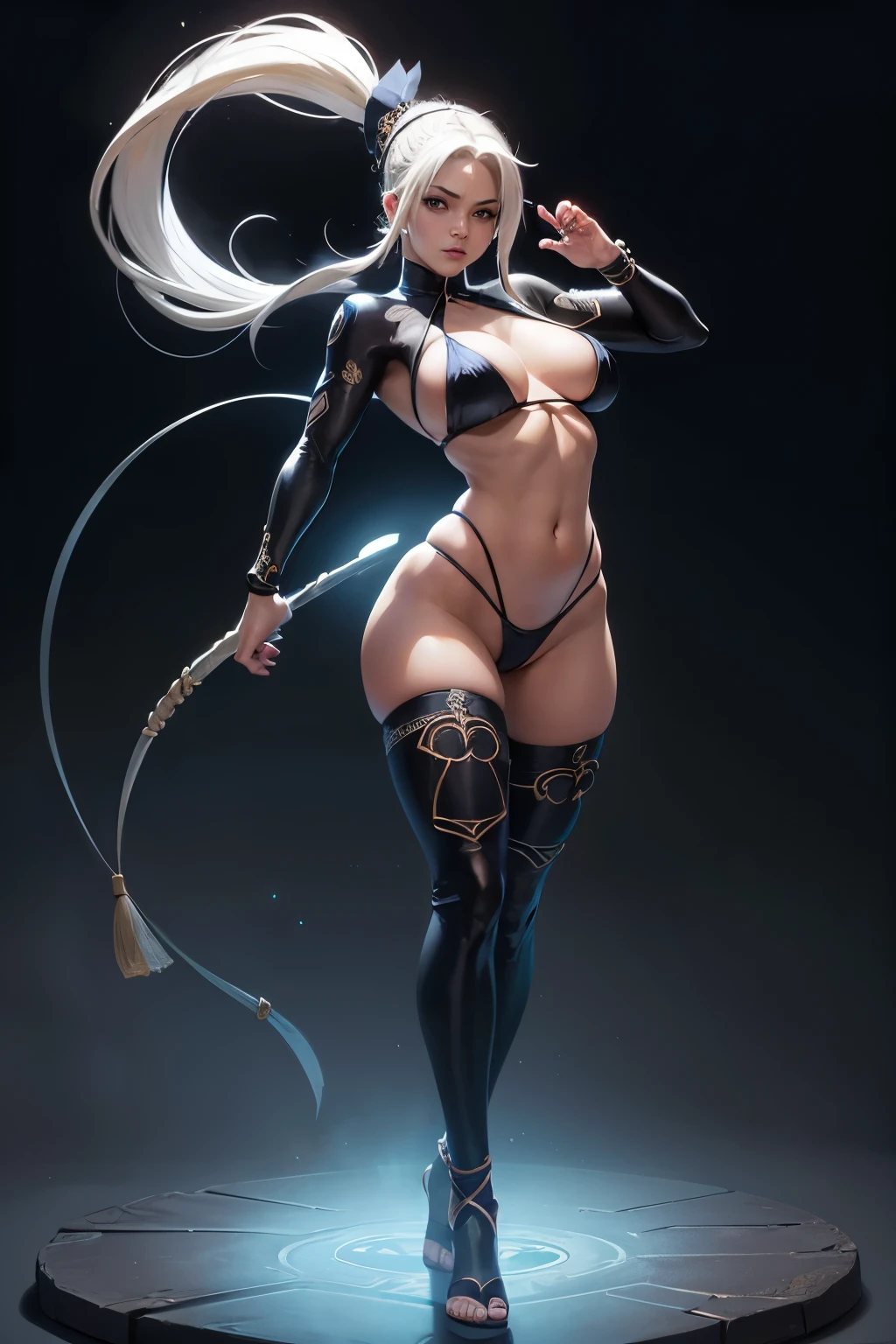 Sexy full-body Tsunade standing without panties with her hands lowered legs away from the front(melhor qualidade,4k,8k,alto,master piece:1.2), ultra-detalhado, realistic:1.37, Micro Rope Transparent Bikini White Portrait, HDR,Sexy full-body Tsunade standing without panties with her hands down, perna, mais vista frontal UHD, studio lighting, extreme detail description, profissional, vivid colors, Bokeh, paints in oil, tsunade corpo inteiro usando micro string bikini white micro transparente com rosto detalhado e corpo detalhado,seios grandes, sem calcinha Cabelo Dourado , olhos azuis marcantes, determined expression, headband with Konoha village symbol, intrincado traje ninja preto,Sexy full-body Tsunade standing without panties with her hands lowered legs away from the front,Facas Kunai, Hand seals, Chakra girando em torno dele, dynamic fighting pose, fundo vibrante com flores de cerejeira, luz s  olar brilhante, dynamic lighting.corpo inteiro,full-body front view standing without panties