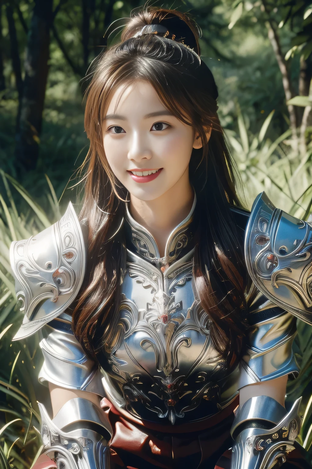 Chinese female general Hua Mulan,reddish brown leather armor,Silver metal breastplate,battlefield background,hand weapon,majestic,Smile(open mouth)(The corners of the mouth are raised),Leather tunic,Knee pads,eight clones,sunshine on face,,Bundle hair,silver metal headband,,Hair bun raised high。Wild forest background
