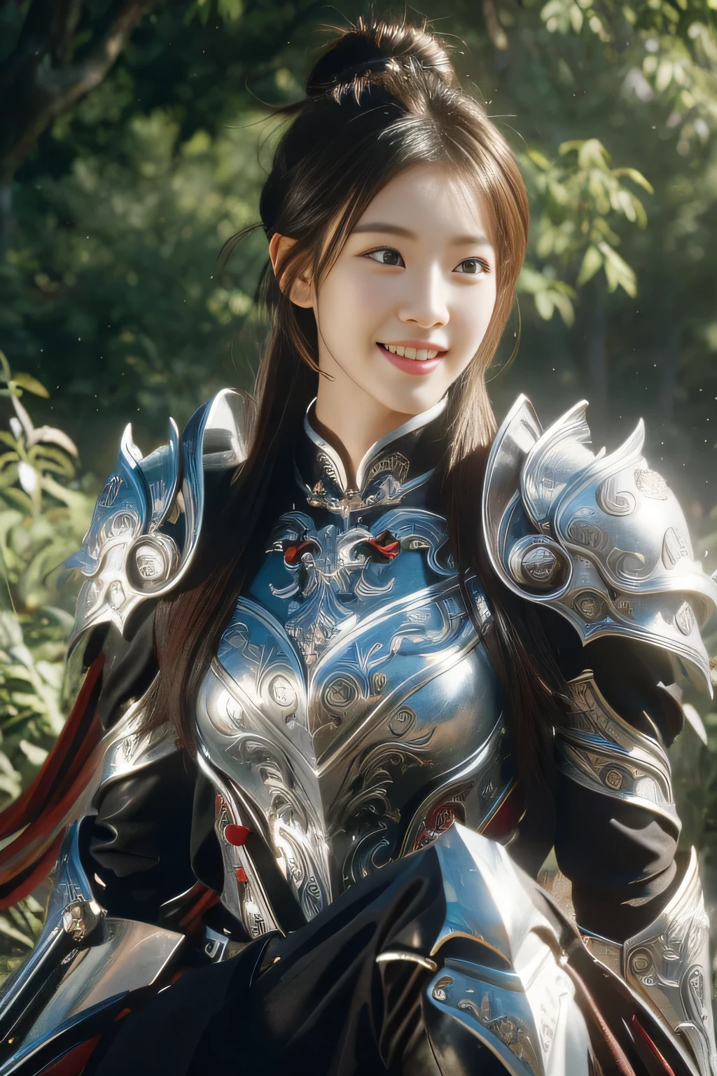 Chinese female general Hua Mulan，reddish brown leather armor，Silver metal breastplate，battlefield background，hand weapon，majestic，Smile（open mouth）（The corners of the mouth are raised），Leather tunic，Knee pads，eight clones，sunshine on face，，Bundle hair，silver metal headband，，Hair bun raised high。Wild forest background