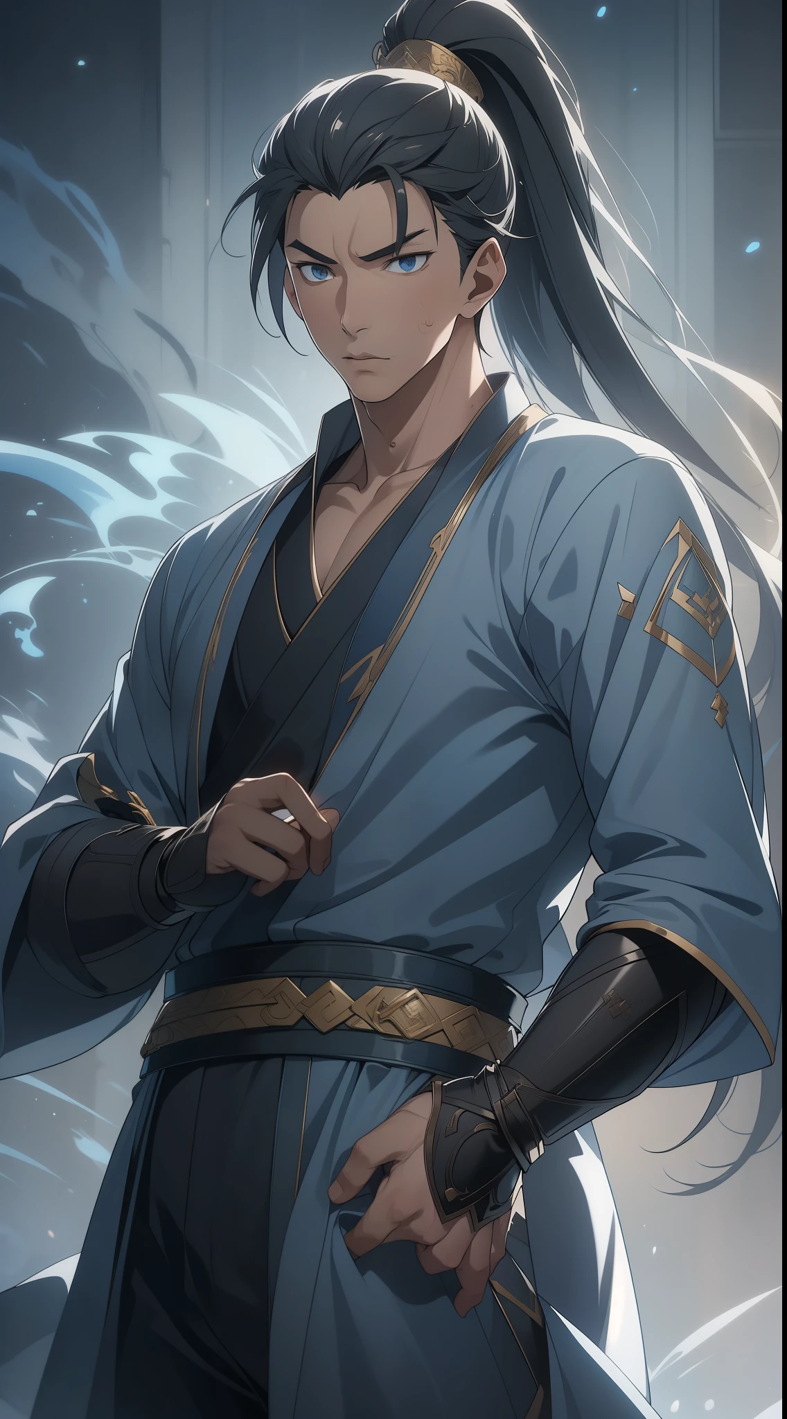 Two dimensions,anime style,one person(male warrior),proportions are correct,facial details,swordsman,high ponytail hairstyle,neck detail,Have an Adam's apple,Blue suit,joke,blue robe,clothing details,transfer,long sleeves,Game quality,fencing,Ray tracing,Ray tracing,Detailed glow,CG rendering,hair details,long black hair,blue eyes,Handsome,Handsome,(Youthful feeling),Clothing is complicated,Perfect composition,refine,high quality,higher details,many details,Complex background,a sense of atmosphere,