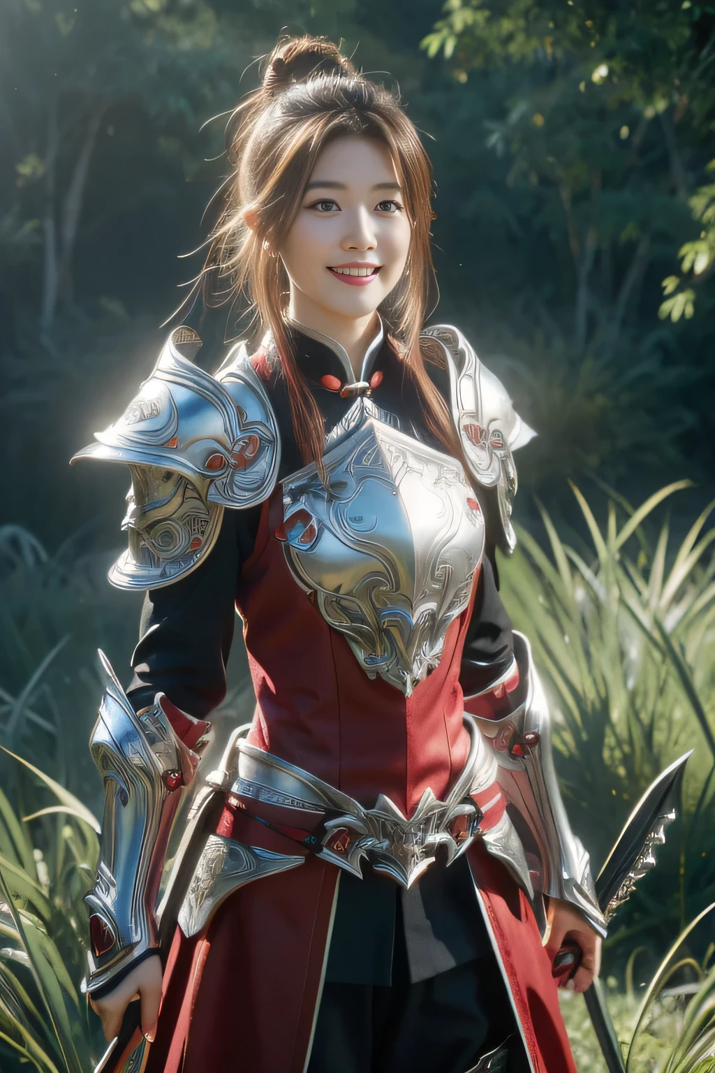 Chinese female general Hua Mulan,reddish brown leather armor,Silver metal breastplate,battlefield background,hand weapon,majestic,Smile(open mouth)(The corners of the mouth are raised),Leather tunic,Knee pads,eight clones,sunshine on face,,Bundle hair,silver metal headband,,Hair bun raised high。Wild forest background