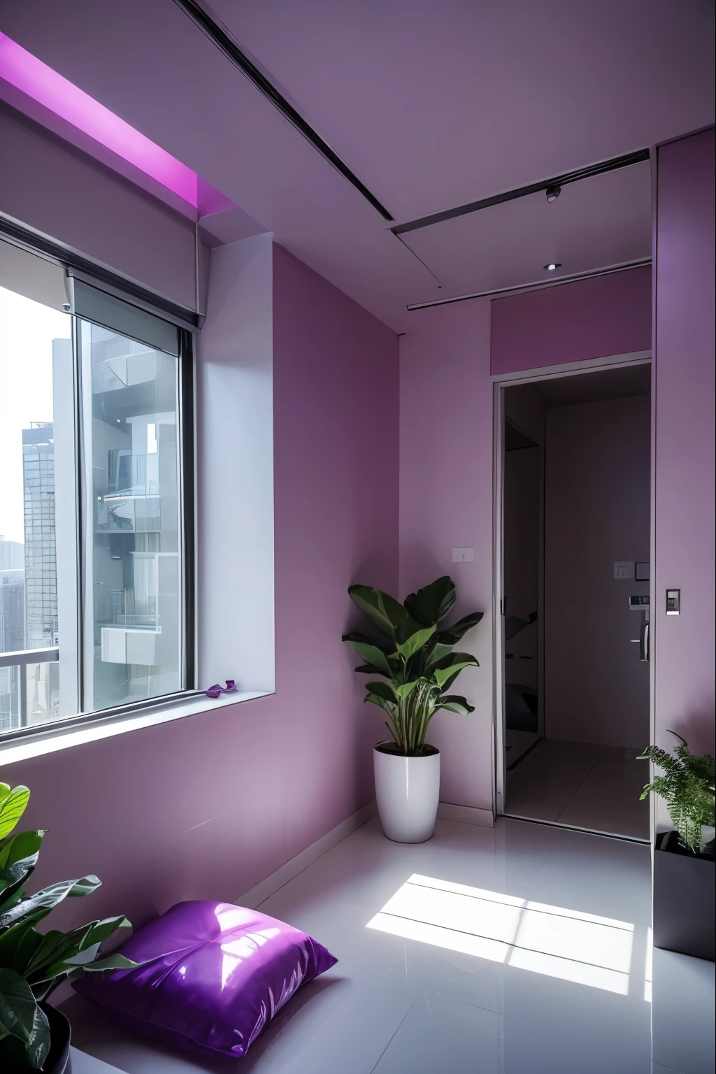 A sleek, futuristic apartment bathed in the soft glow of artificial sunlight. In the corner, amidst the robotic whirring and metallic gleam, stands a lone potted cyclamen, its vibrant purple blooms a stark contrast to the sterile surroundings