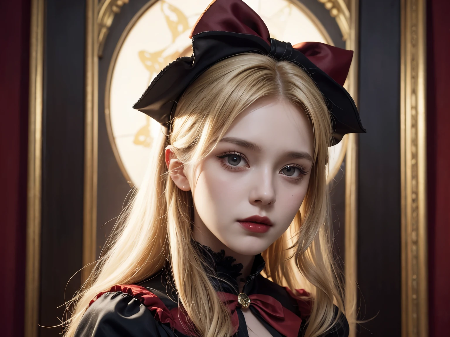 blond girl with red bow in black and red velvet dress, digital art by Hristofor Zhefarovich, shutterstock, gothic art, beautiful fantasy portrait, gothic princess portrait, romanticism portrait, karol bak uhd, beautiful fantasy art portrait, fantasy portrait, elegant victorian vampire, beautiful portrait photo, portrait shot, very beautiful portrait, beautiful portrait