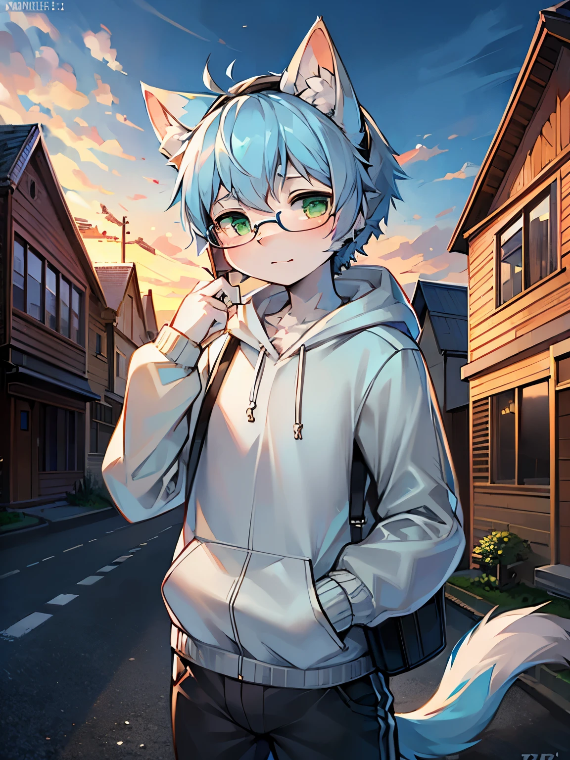 Exquisite lines，best quality。male，Not too majestic， ,White fur, Wearing a collar and glasses,Wear casual clothes and pants，Beautiful night city background,head tilted to one side，Dog furry character,Blue pupils，Clever，cute，blush，shy，Love