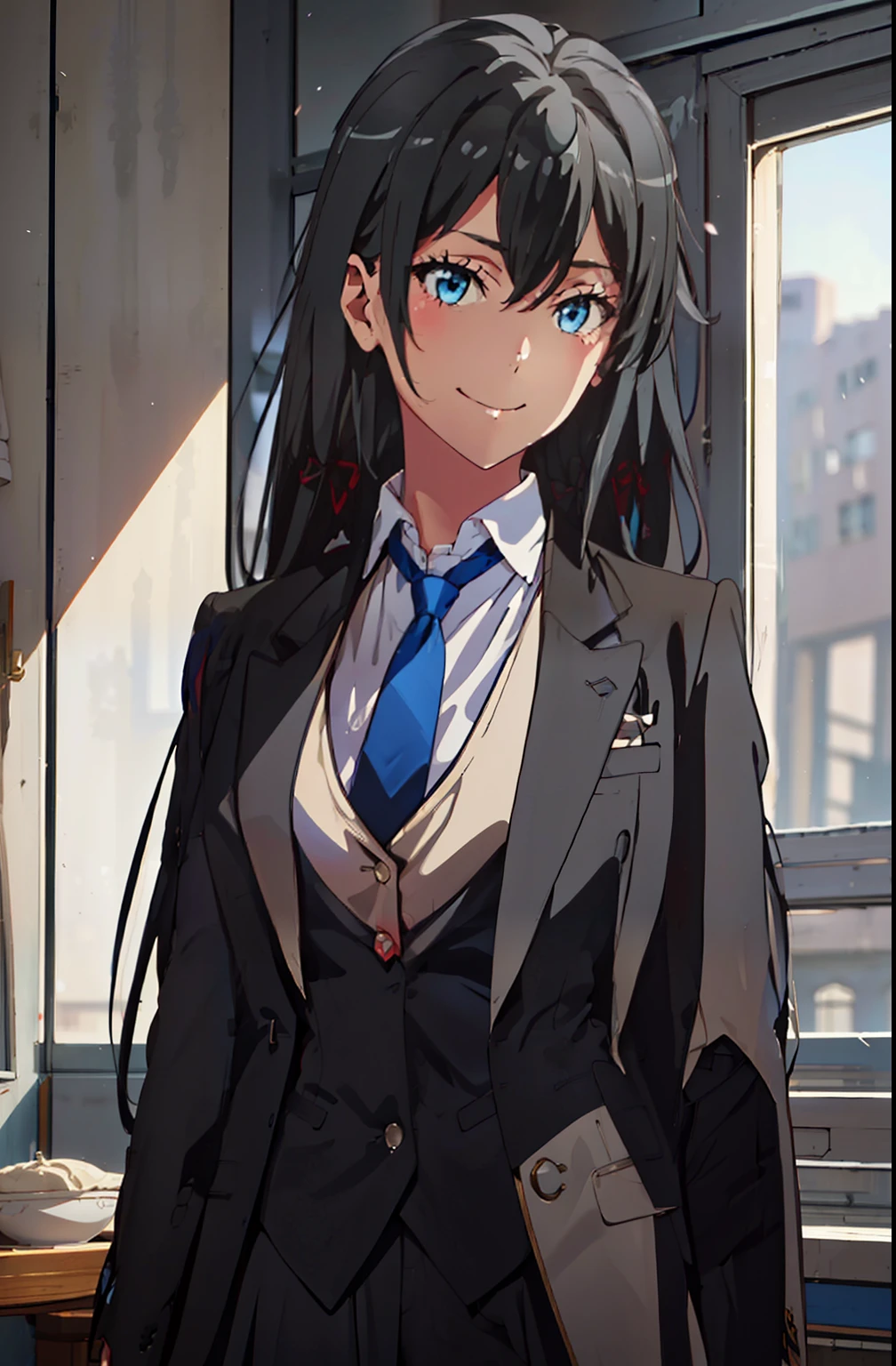 ((best quality)), ((masterpiece)), (detailed) 1girl 1girl, ;\), blurry, blurry_background, breasts, , hair_long , looking_at_viewer, ok_sign, one_eye_closed, open_hand, Yukinoshita Yukino ,Woman wearing formal clothes, An attractive coat stands in a large gap in the room , 1girl, 独奏, blue necktie, Black hair, eyes blue, long hair, smile , collared shirt, white pants, white shirt , Elegantly designed coat , Stand in front of a window ,Perfectly tailored tailcoat. It has a stunning Victorian design and is made of lustrous fabric , soft thighs , full body